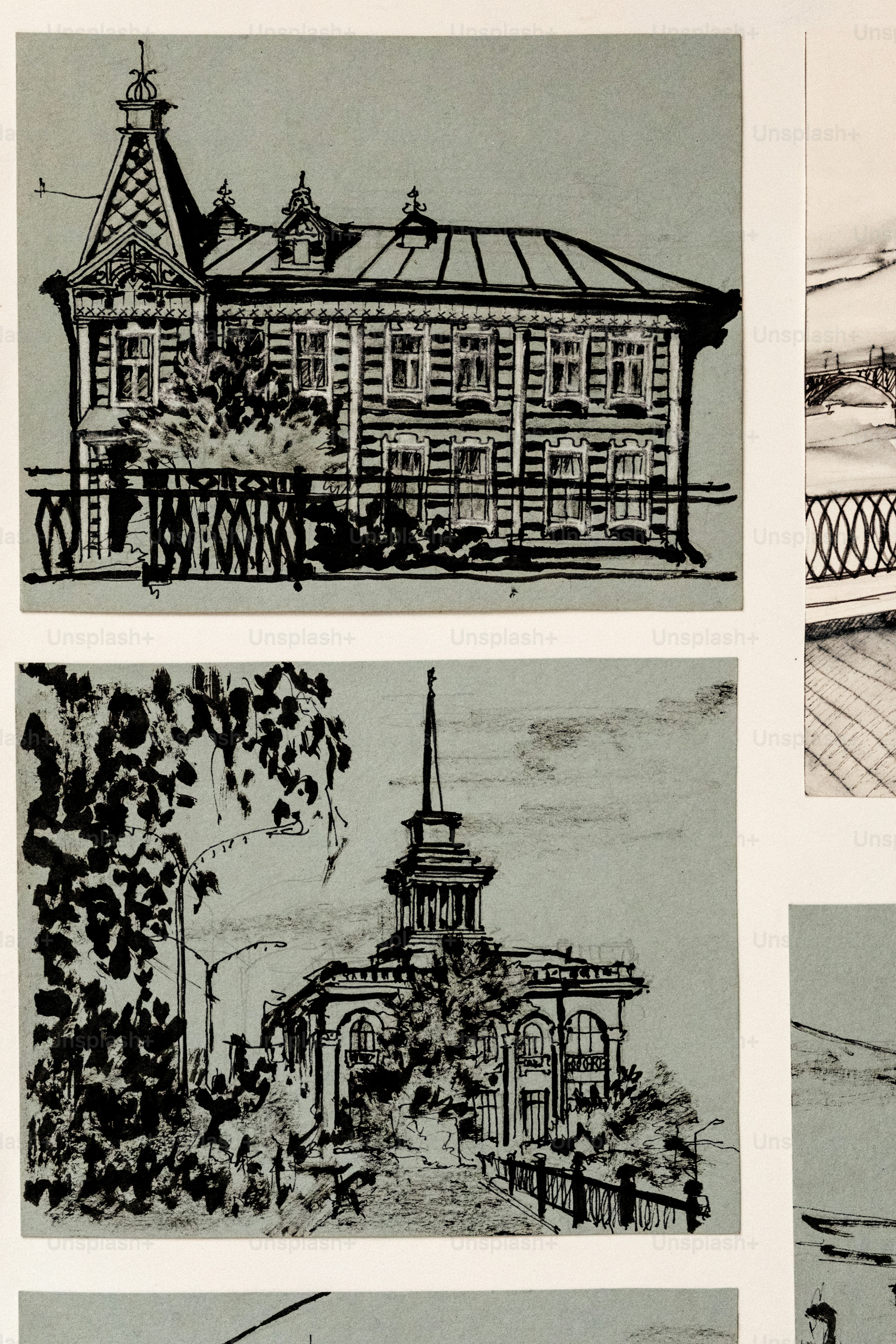 Two ink sketches of historic buildings with ornate roofs and architectural details