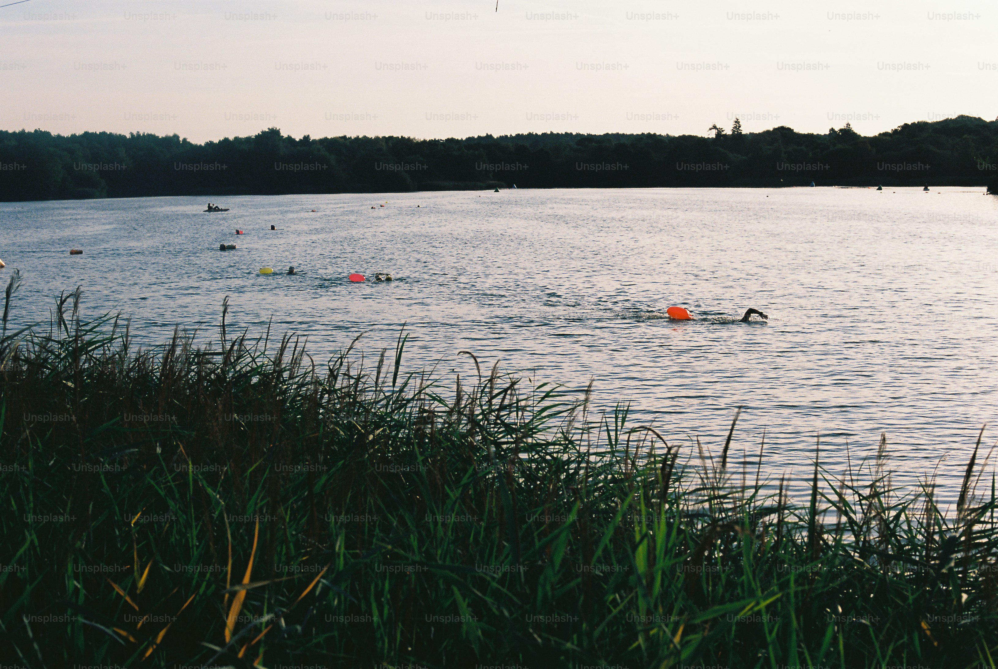A person swimming in a lake with a bright orange safety buoy.
