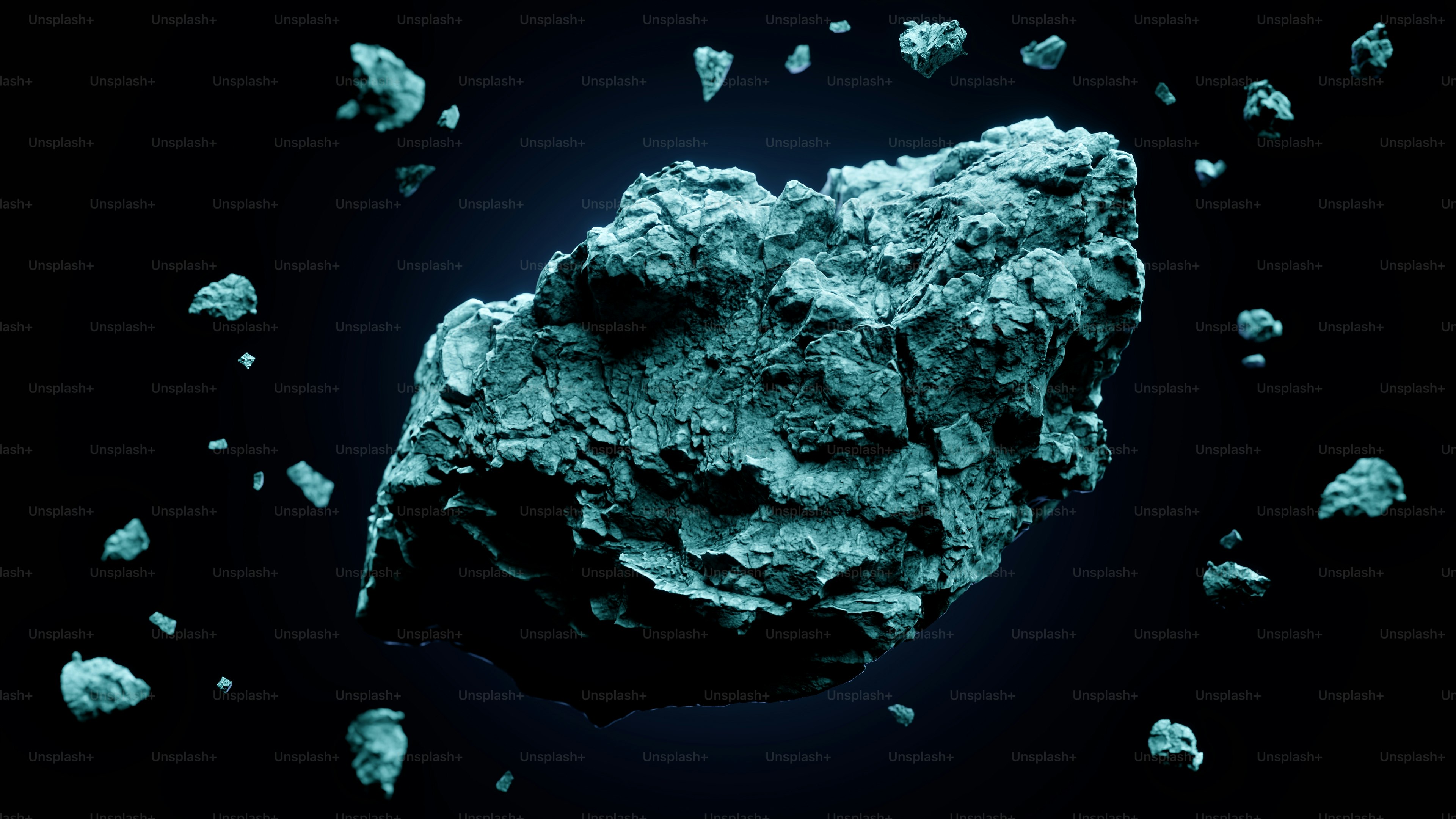 Ein großer, gezackter Asteroid, umgeben von kleineren, schwebenden Gesteinsfragmenten im tiefen Weltraum