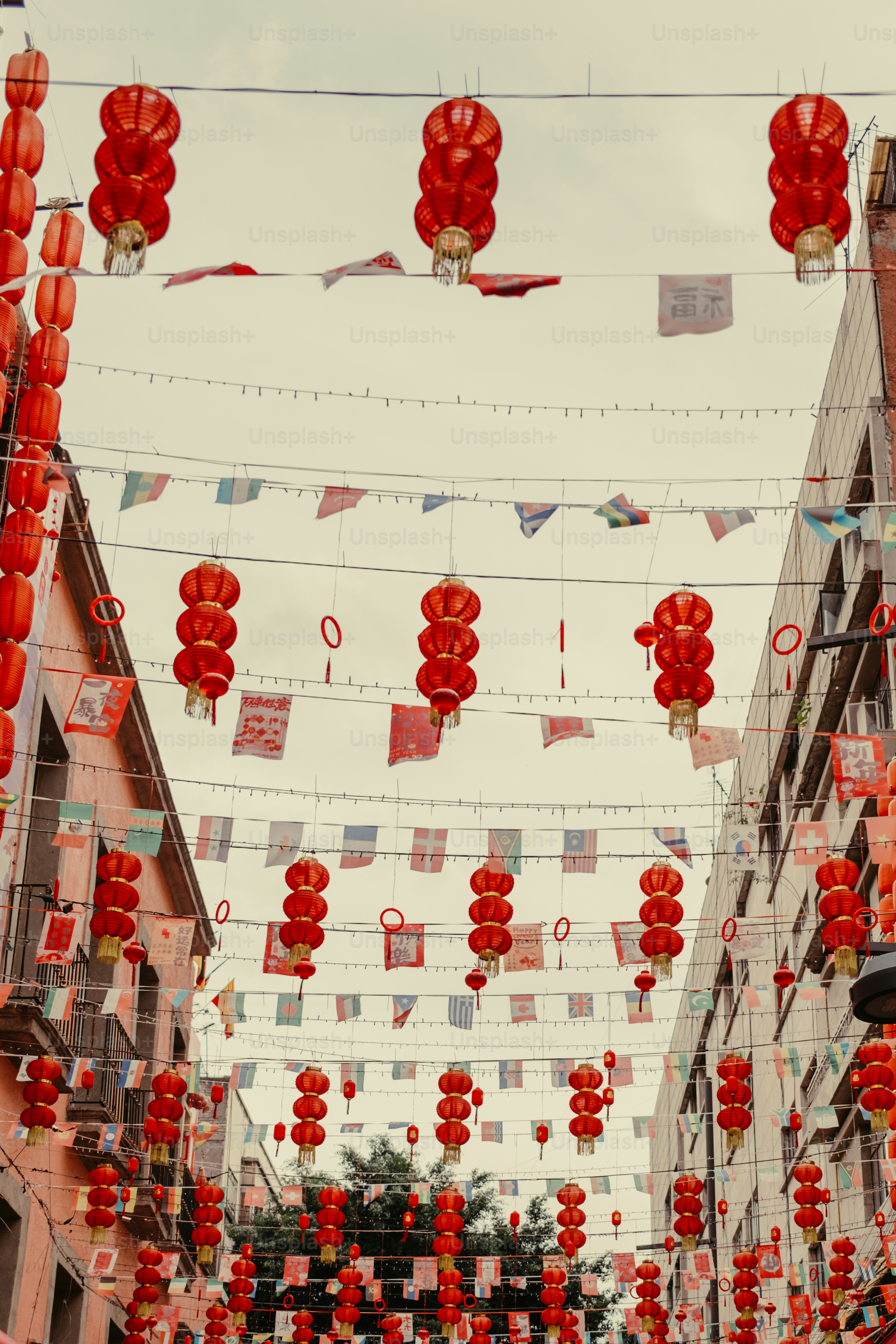 Red paper lanterns and international flags hanging between two city buildings