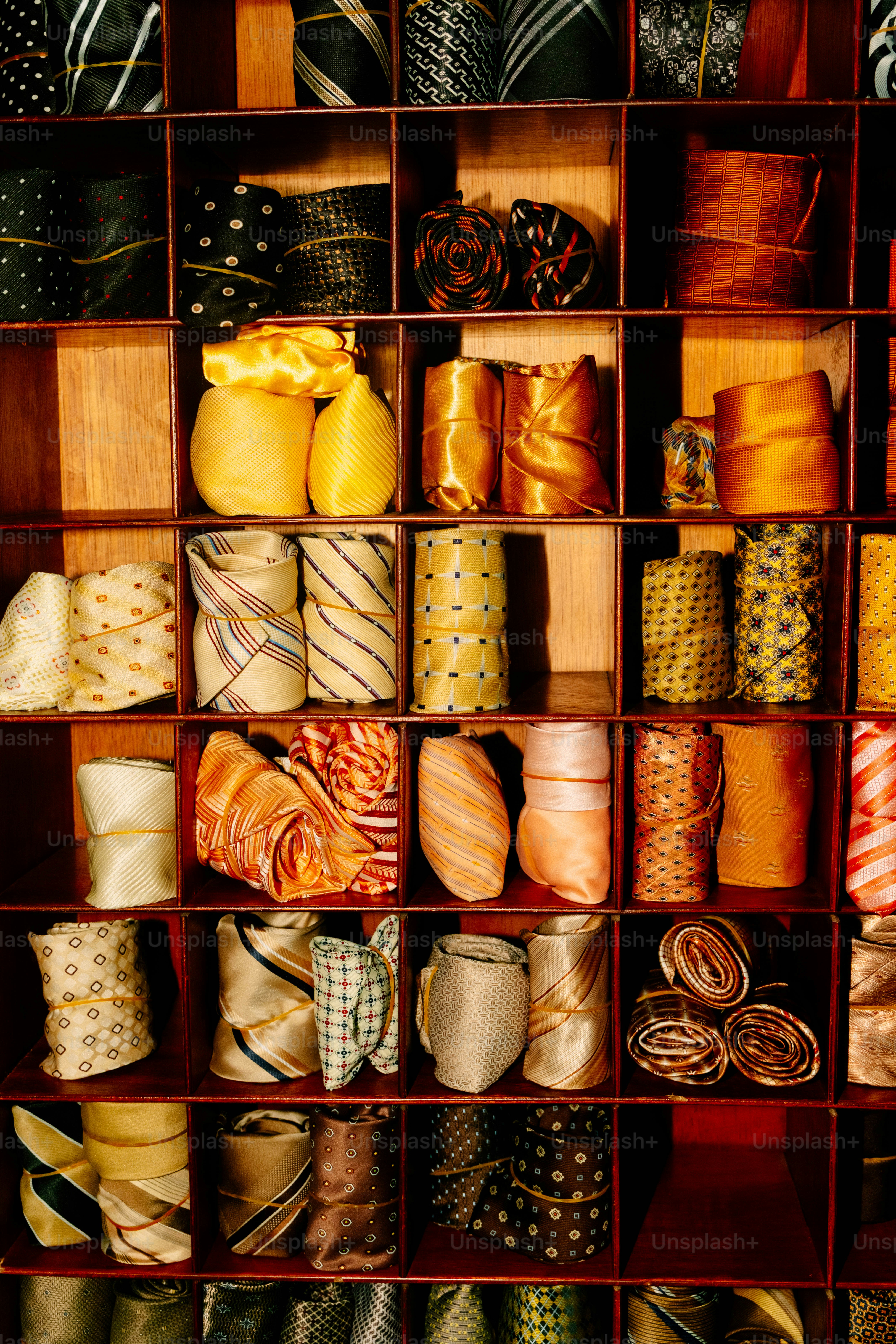 Many rolled neckties in various colors and patterns arranged on wooden shelves
