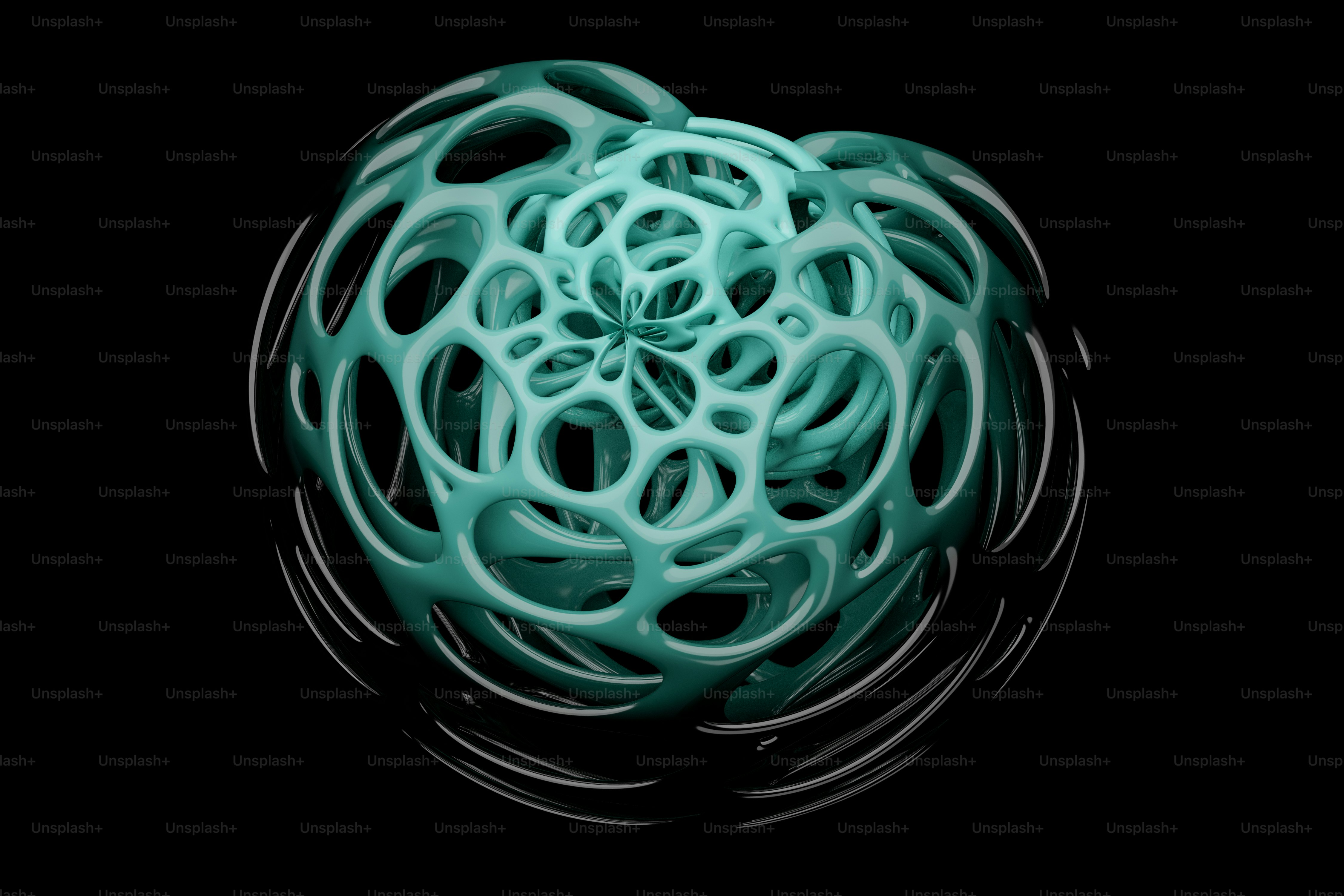 A glossy turquoise organic lattice sphere against a solid black background