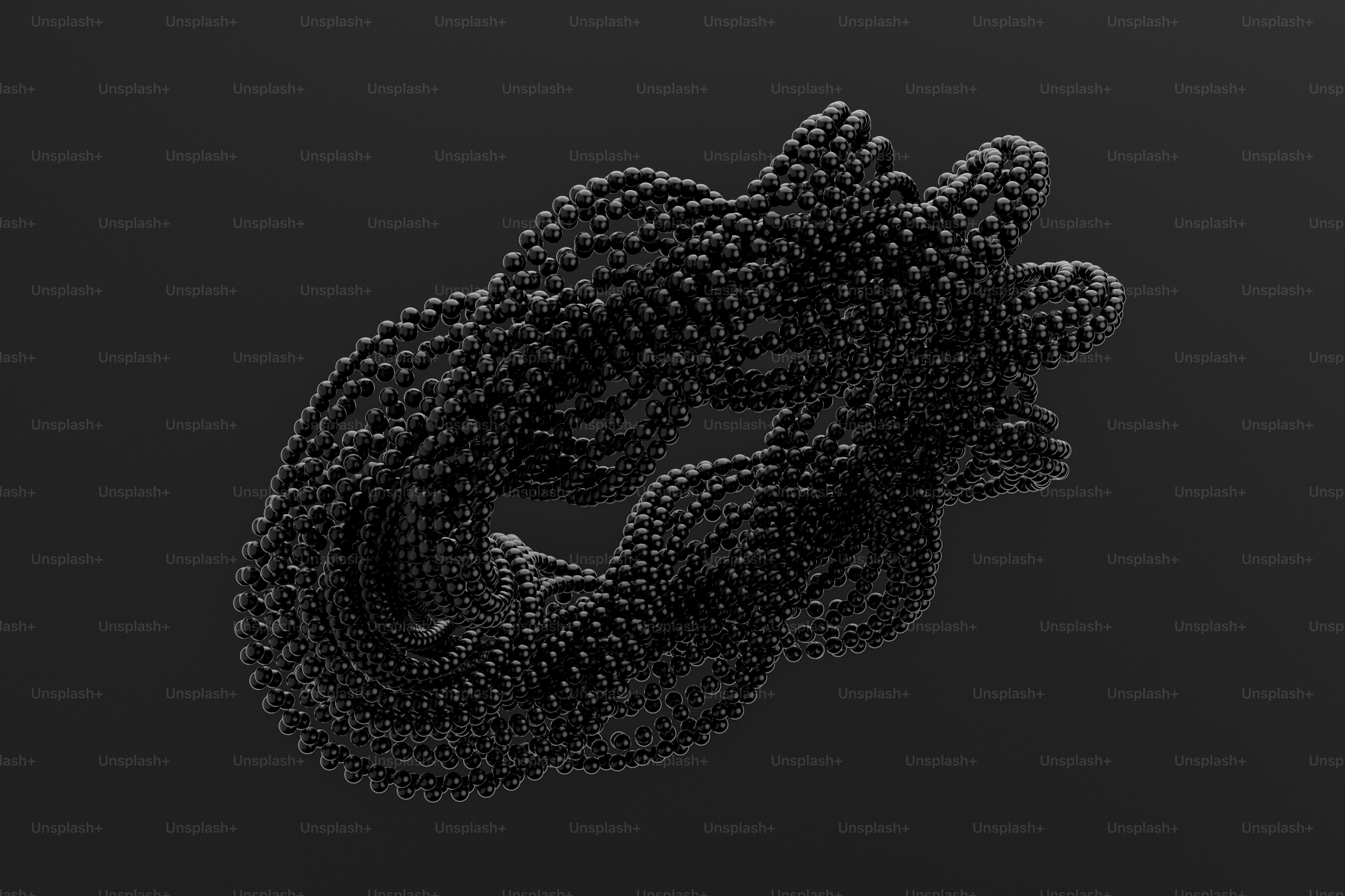 A swirling abstract structure composed of numerous interconnected black spheres