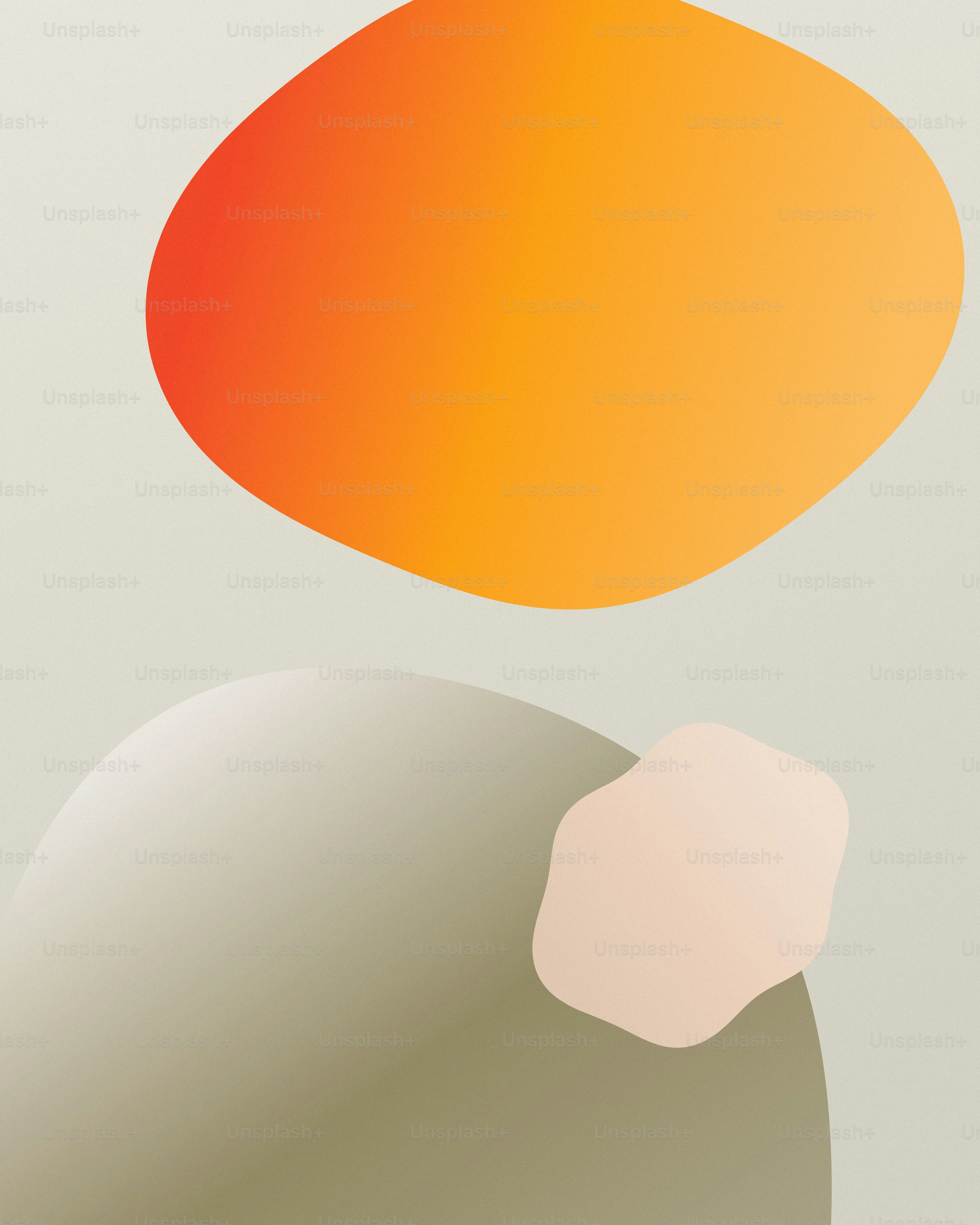 Abstract shapes in orange, grey, and pale pink on a light grey background.