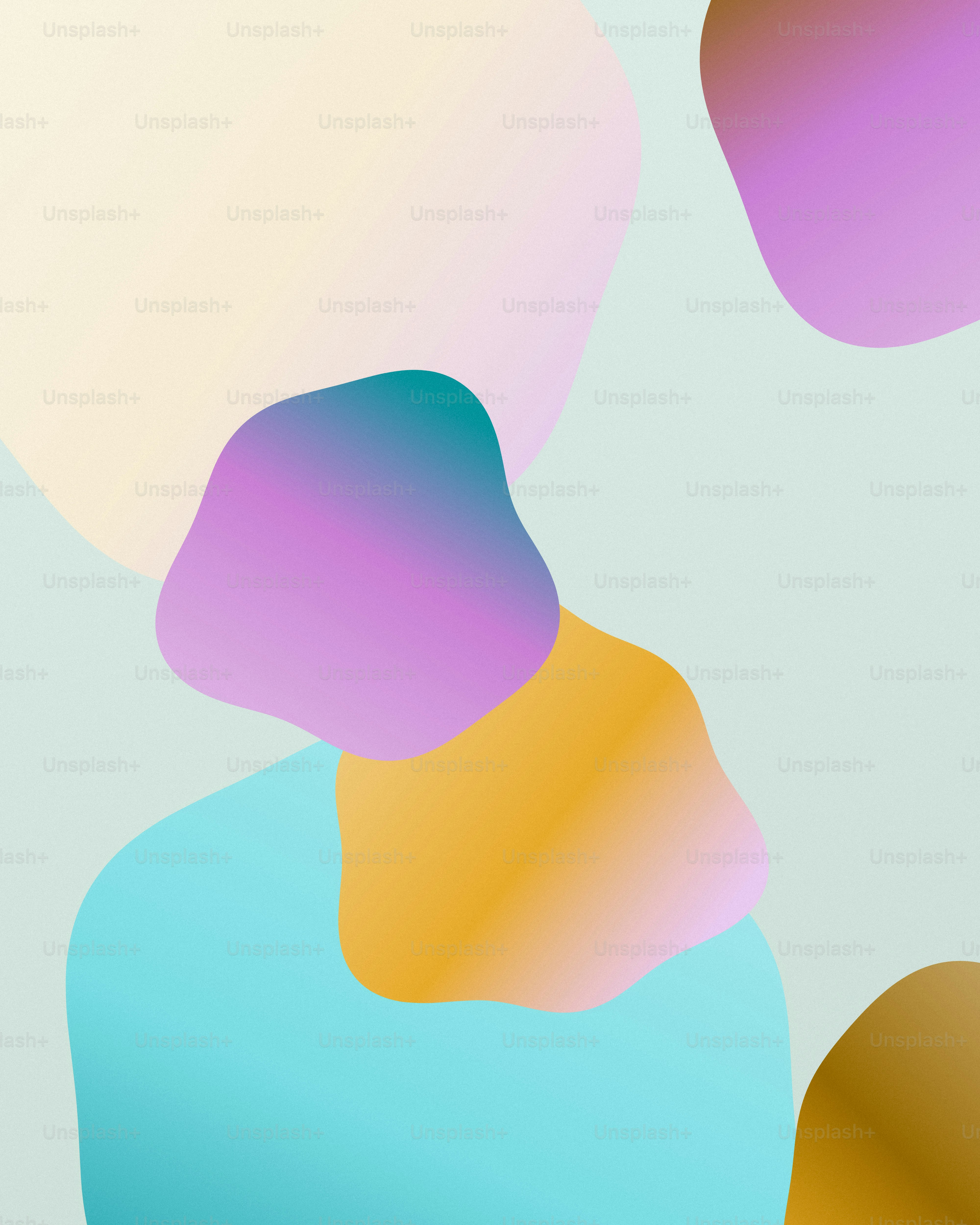 Abstract organic shapes in pastel blue, yellow, and purple on a light background.