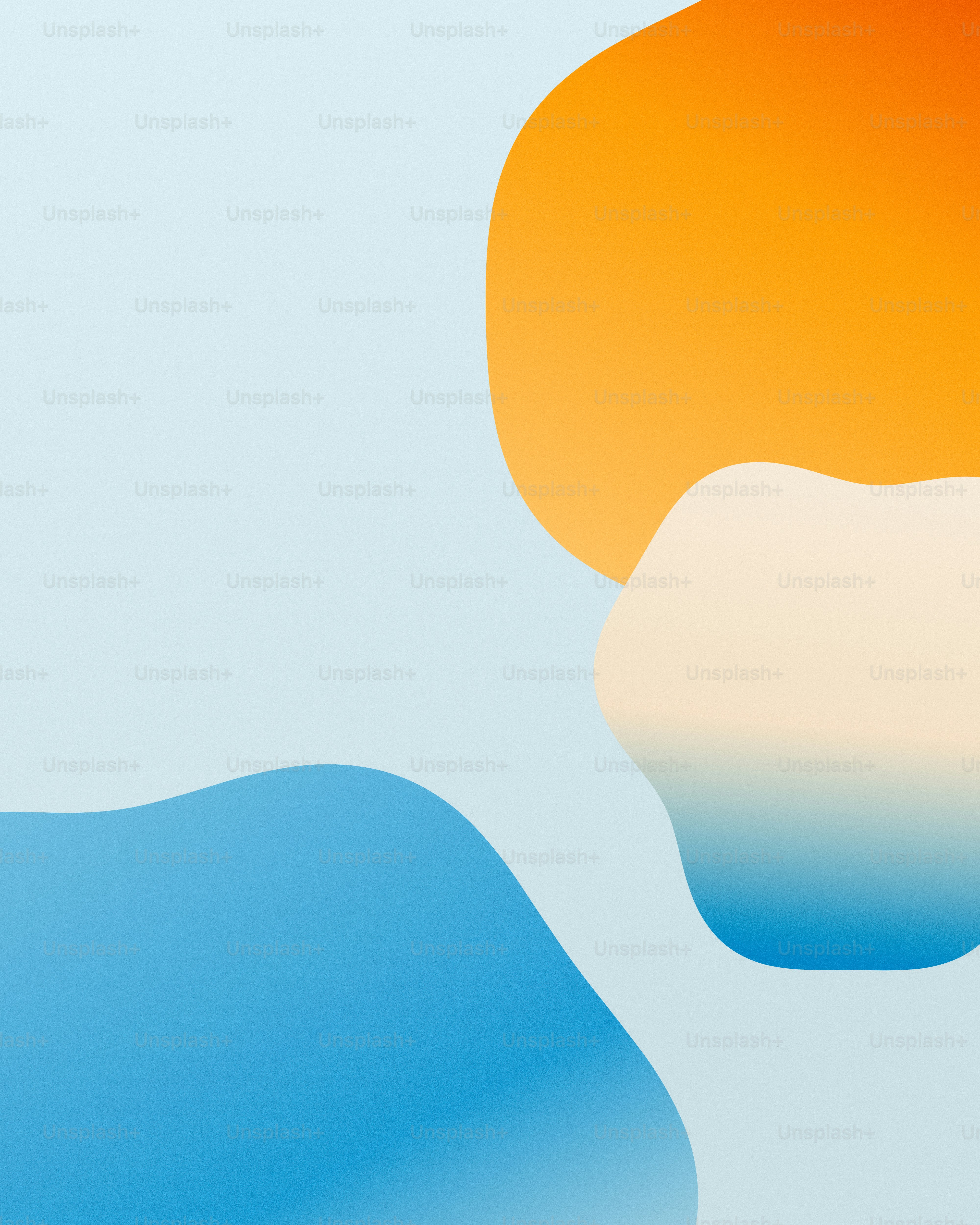Abstract shapes in shades of orange, cream, and blue on a light blue background.