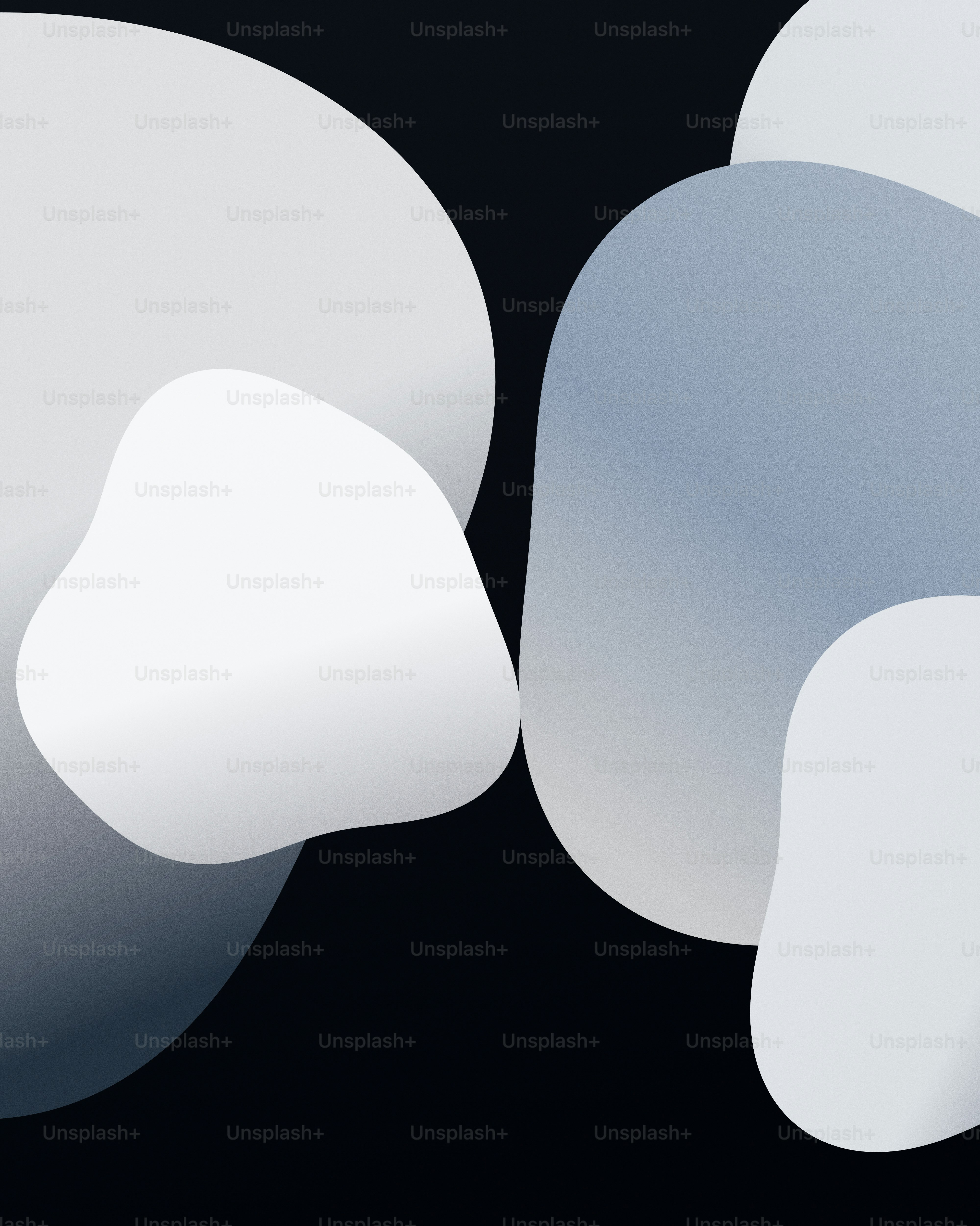 Abstract overlapping organic shapes in shades of white and soft blue on black.