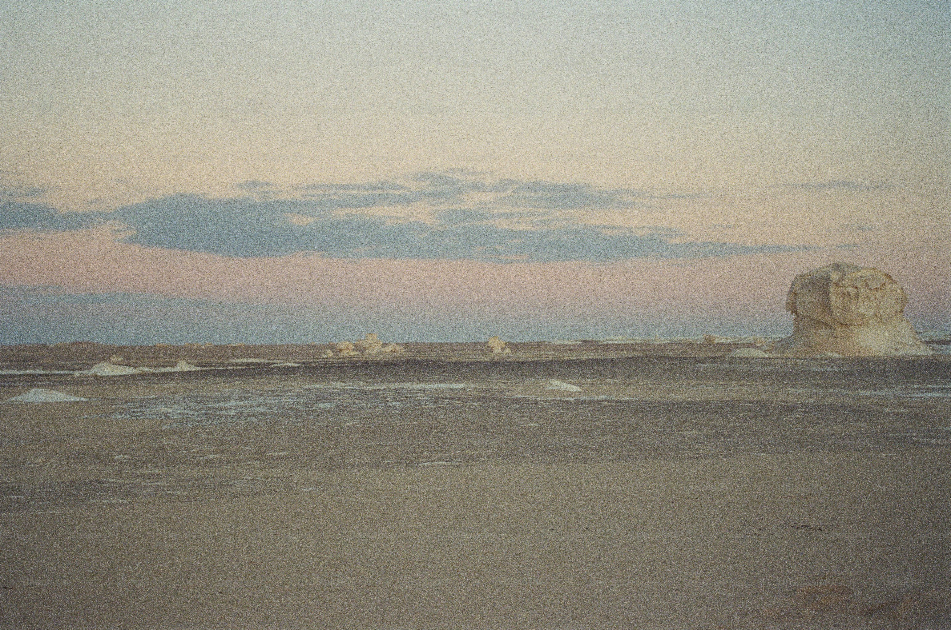 White chalk rock formations on the sandy floor of the White Desert in Egypt