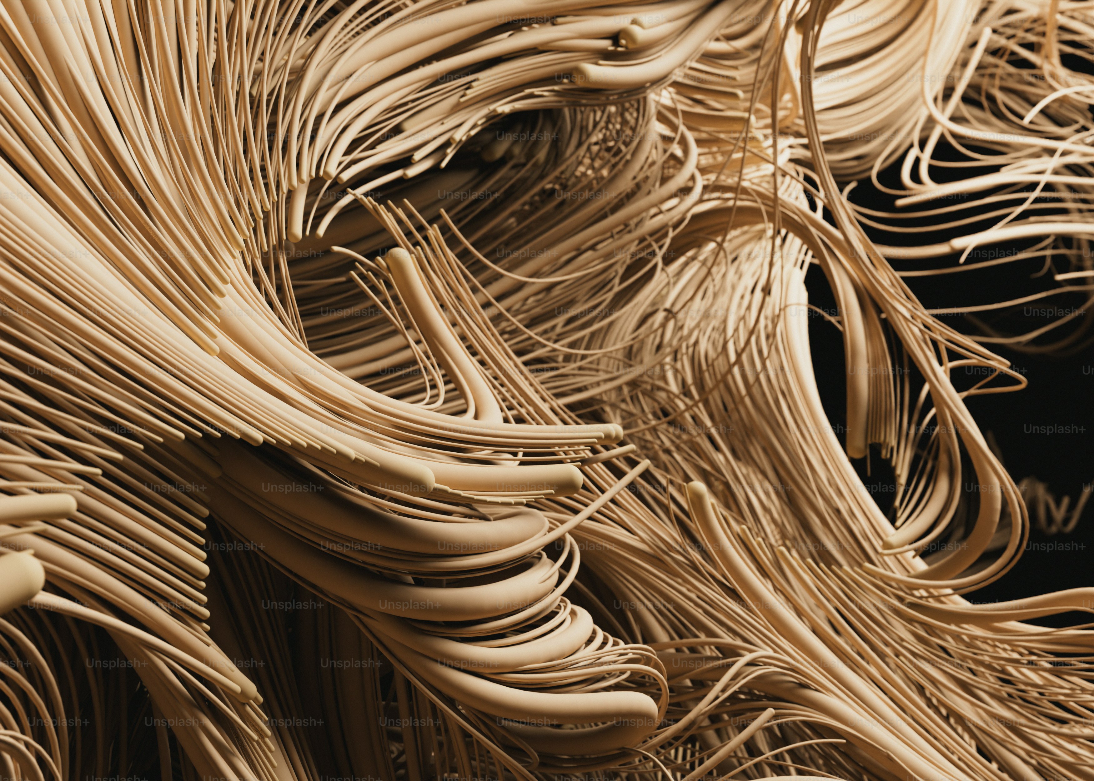 Abstract beige flowing lines and curves against a dark background