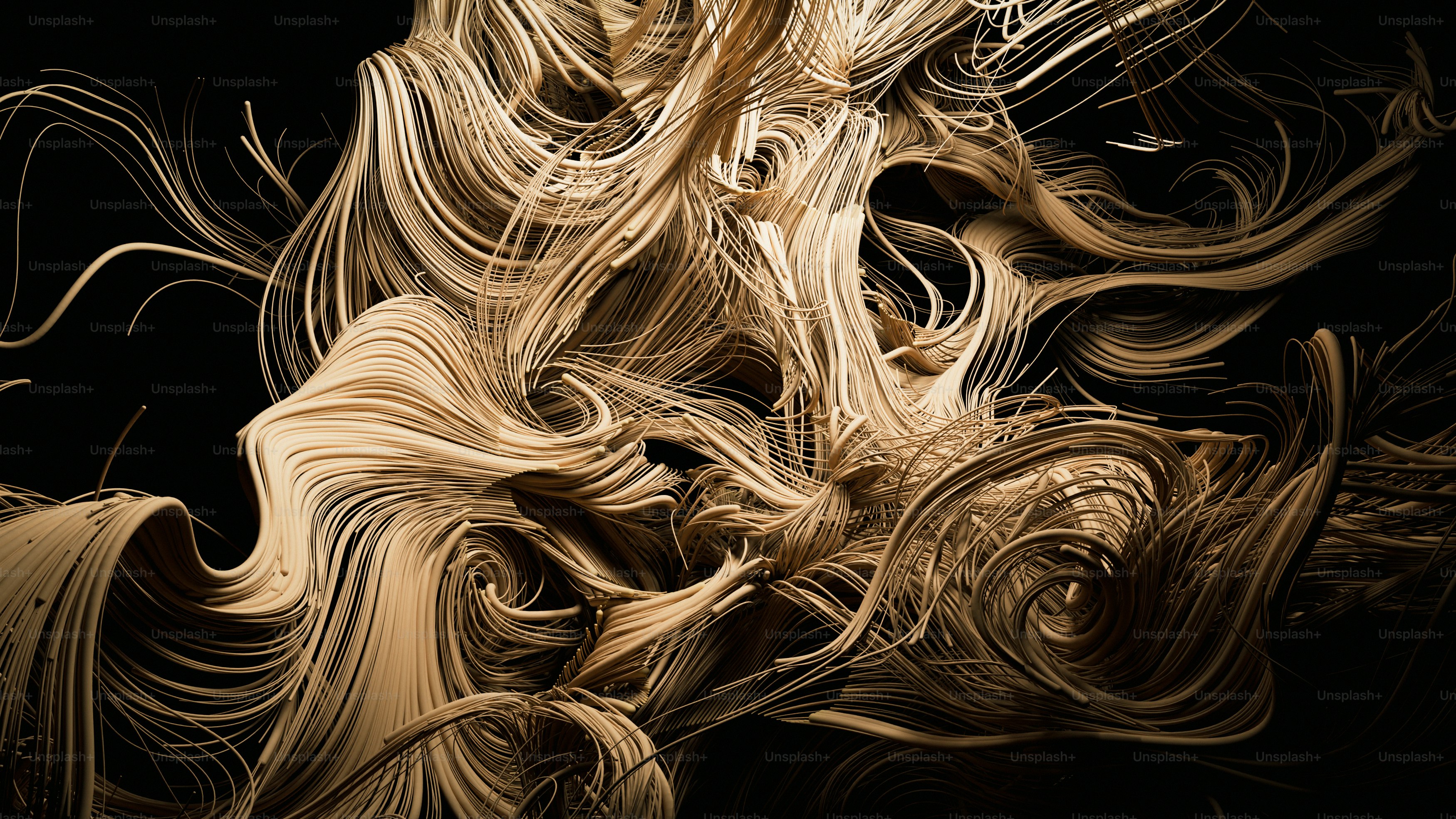 Swirling beige lines forming an abstract pattern against a dark background