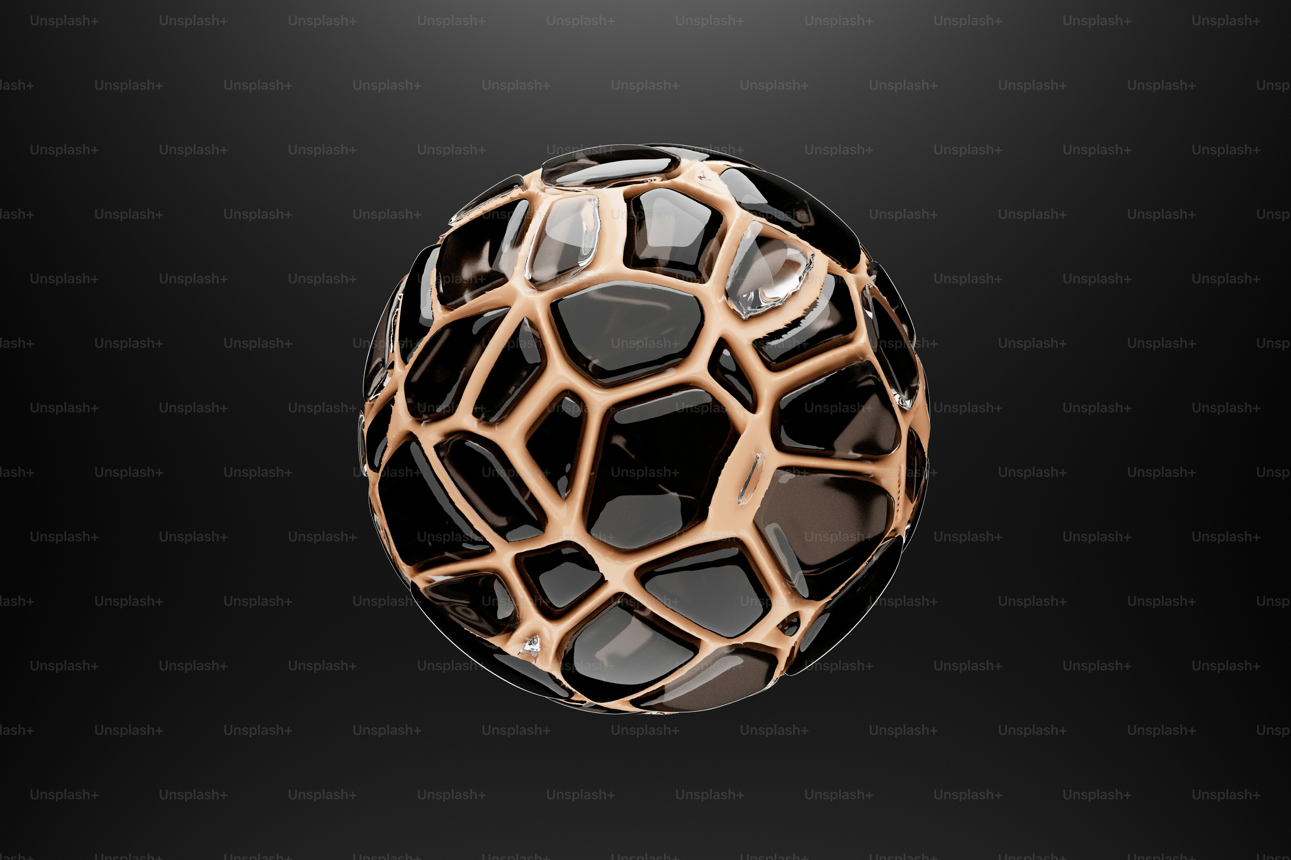 A spherical object with a dark glass lattice structure over a beige core