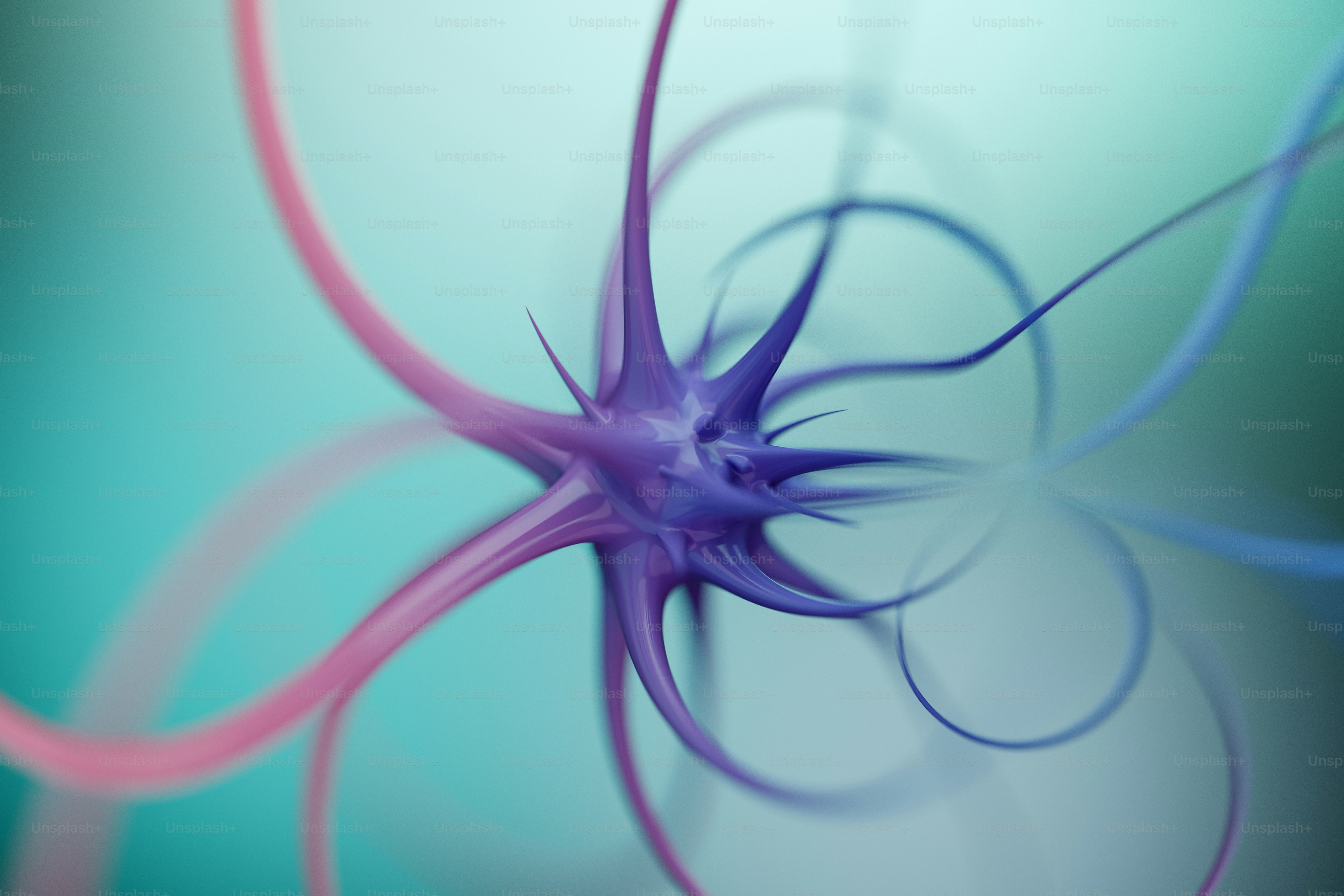 A purple neuron with long branching filaments against a soft teal background