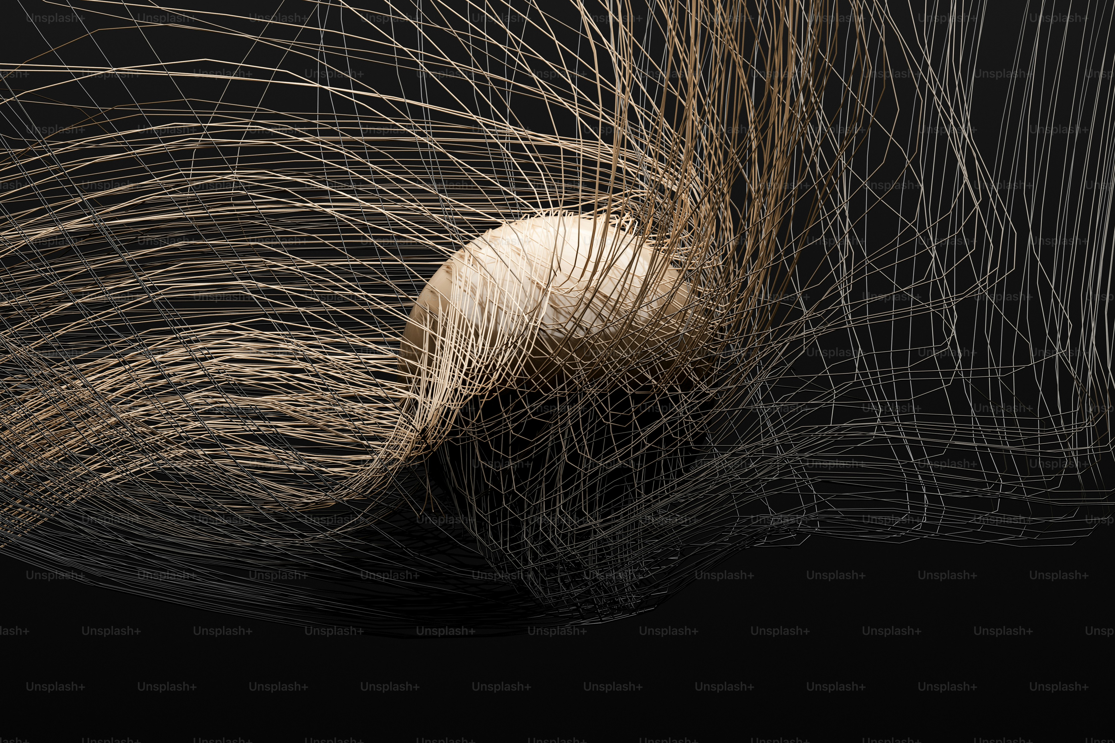 A smooth beige sphere surrounded by a complex web of thin, intersecting lines