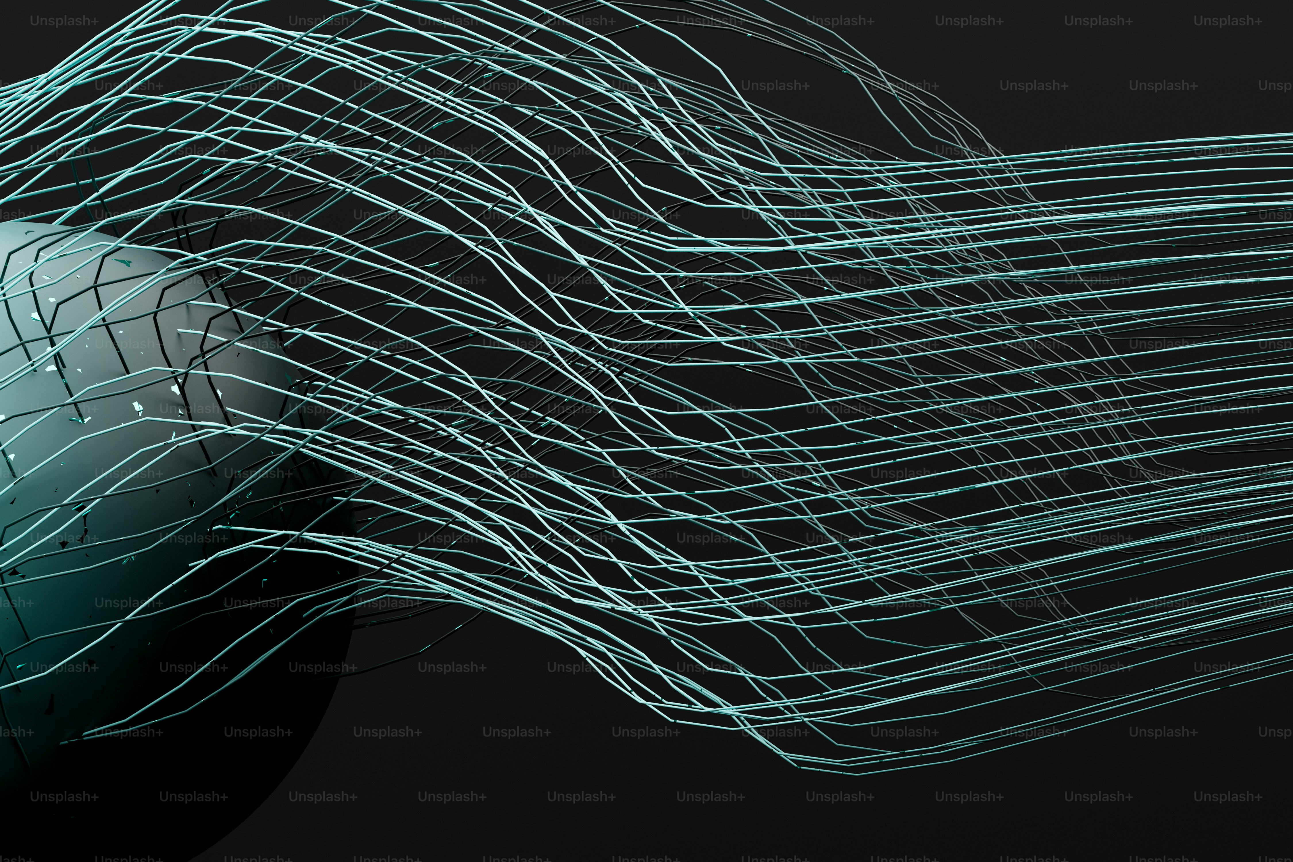 A dark sphere with teal lines flowing outward across a dark background