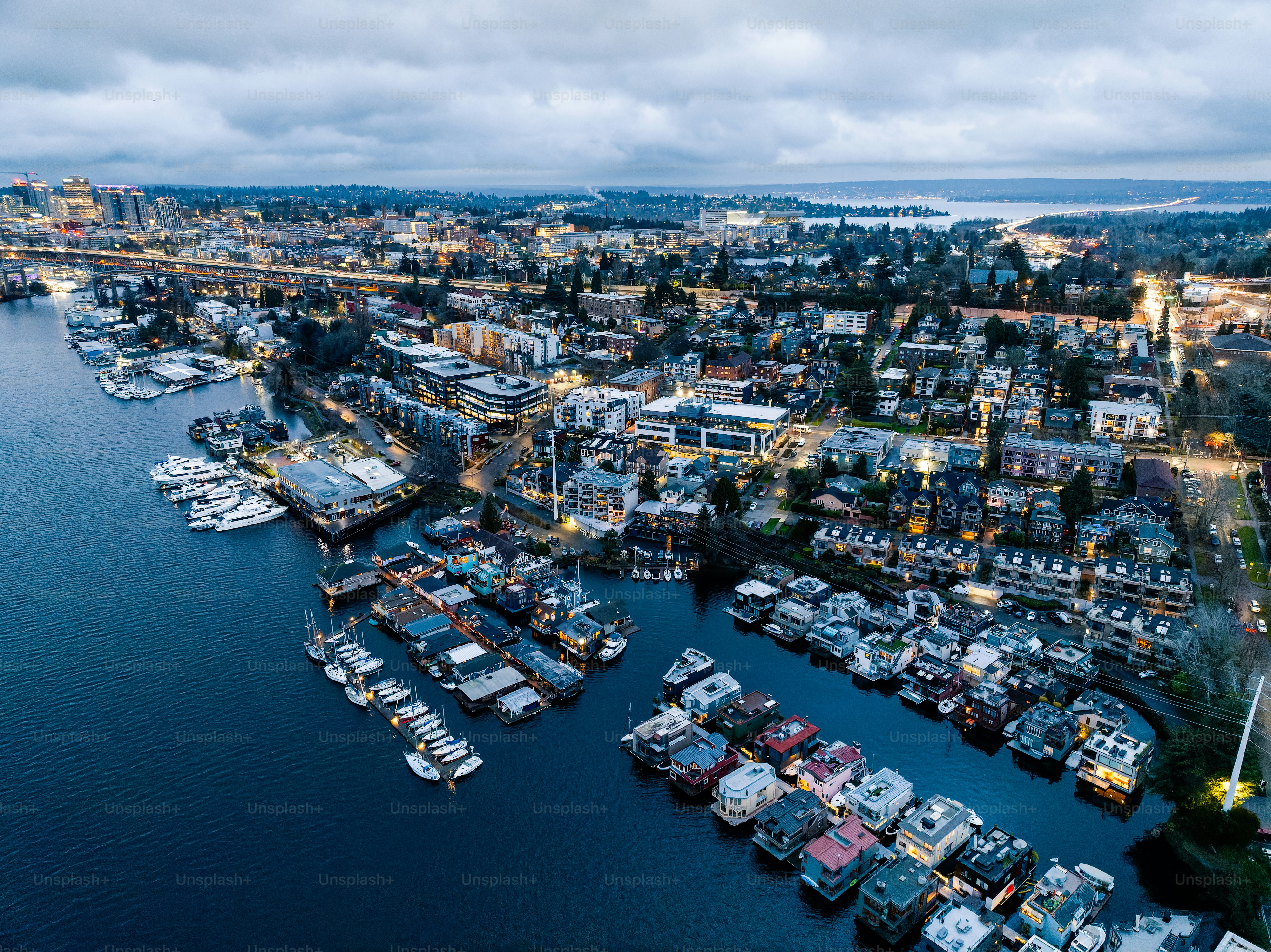 An aerial view of houseboats and condominiums along the shore of Lake Union in Seattle Washington State