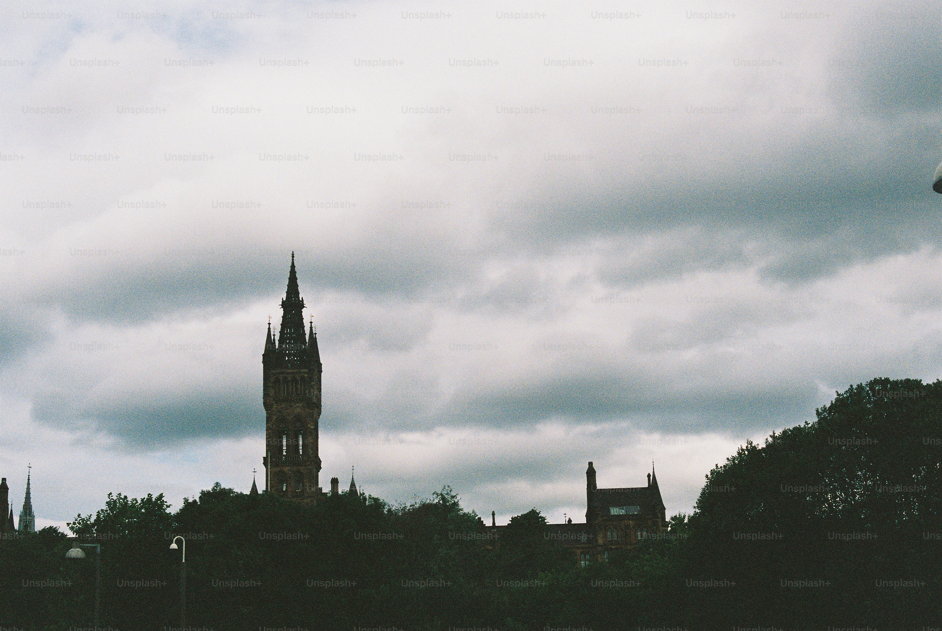 The University of Glasgow tower rising above dark trees under a cloudy sky