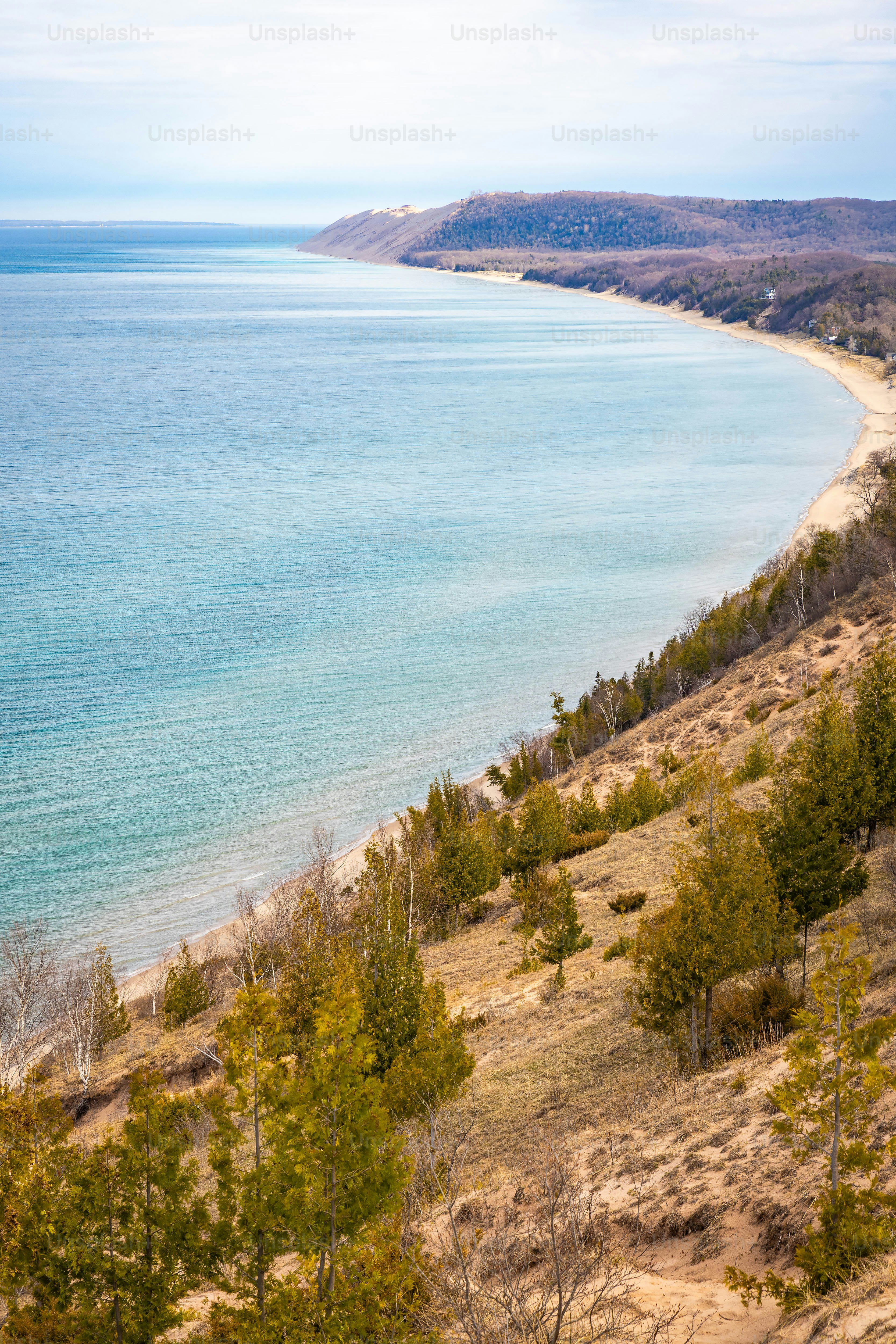 Foto menakjubkan Sleeping Bear Dunes di sepanjang Danau Michigan di hari musim panas yang cerah. Bukit pasir yang luas, air biru kehijauan, dan garis pantai yang subur mewakili keindahan alam dan petualangan Michigan Utara.
