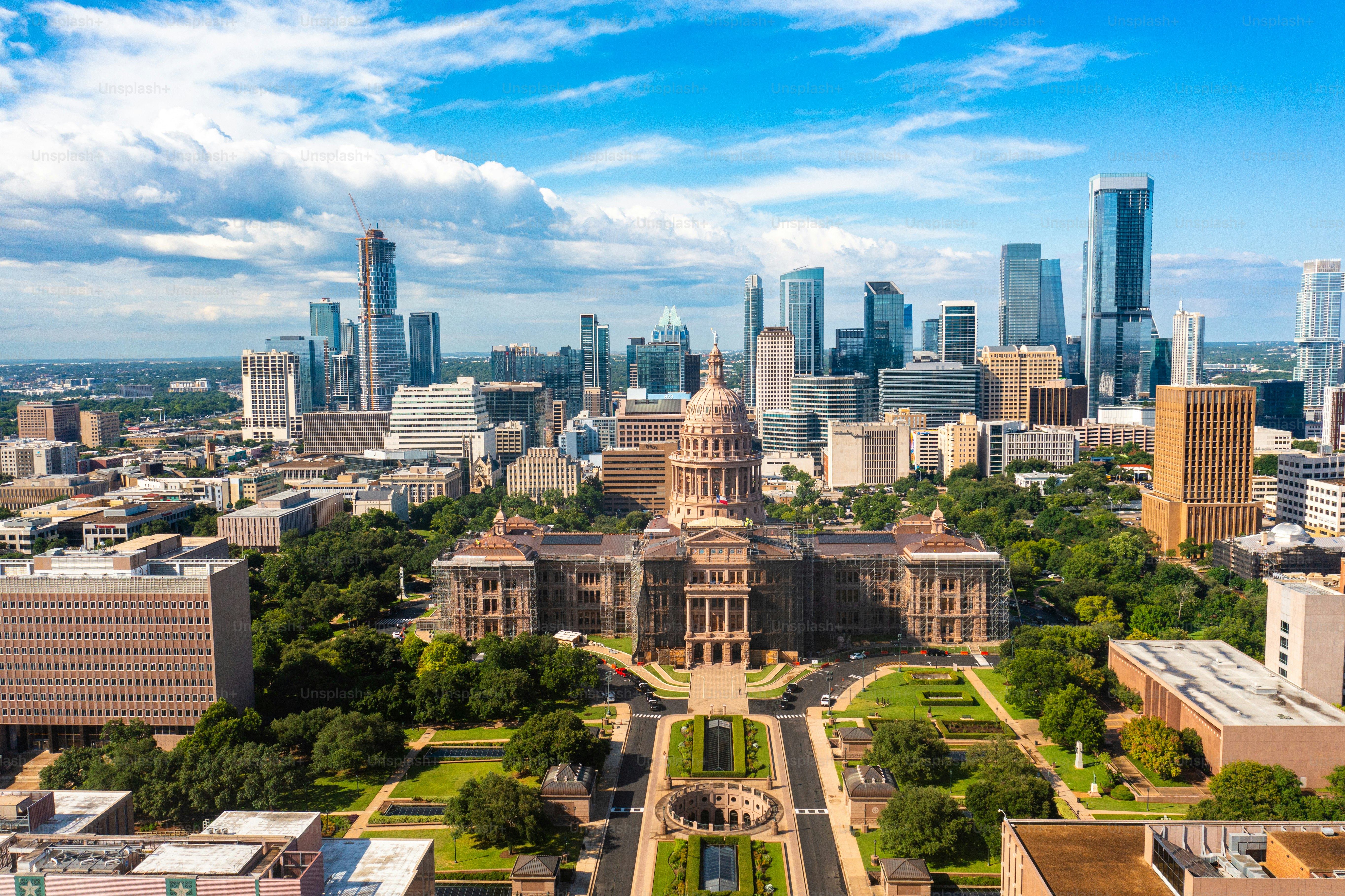 Austin Texas State Capitol and Skyline Aerial Drone