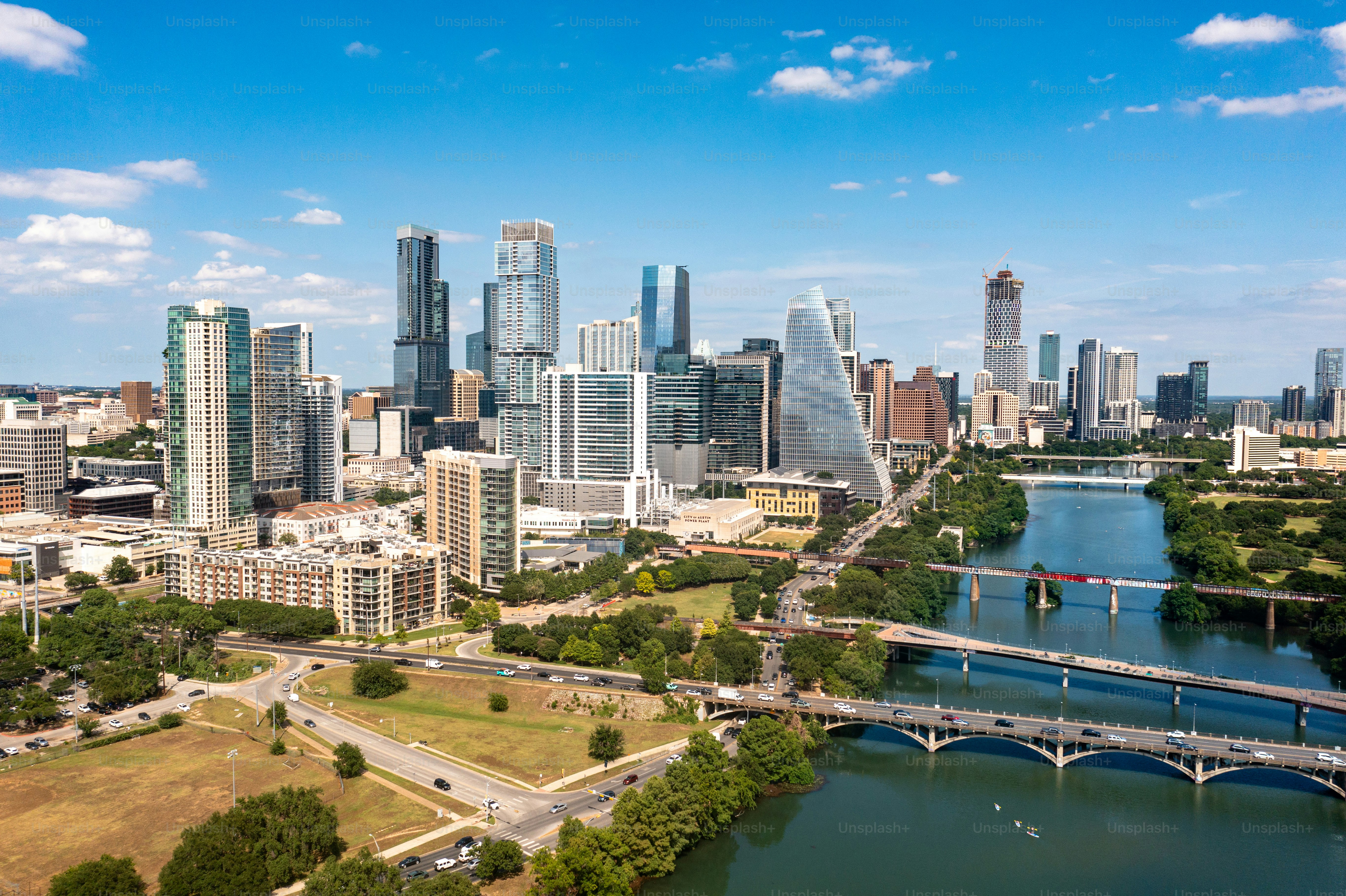 Austin Texas Skyline Aerial Drone Image over Colorado River