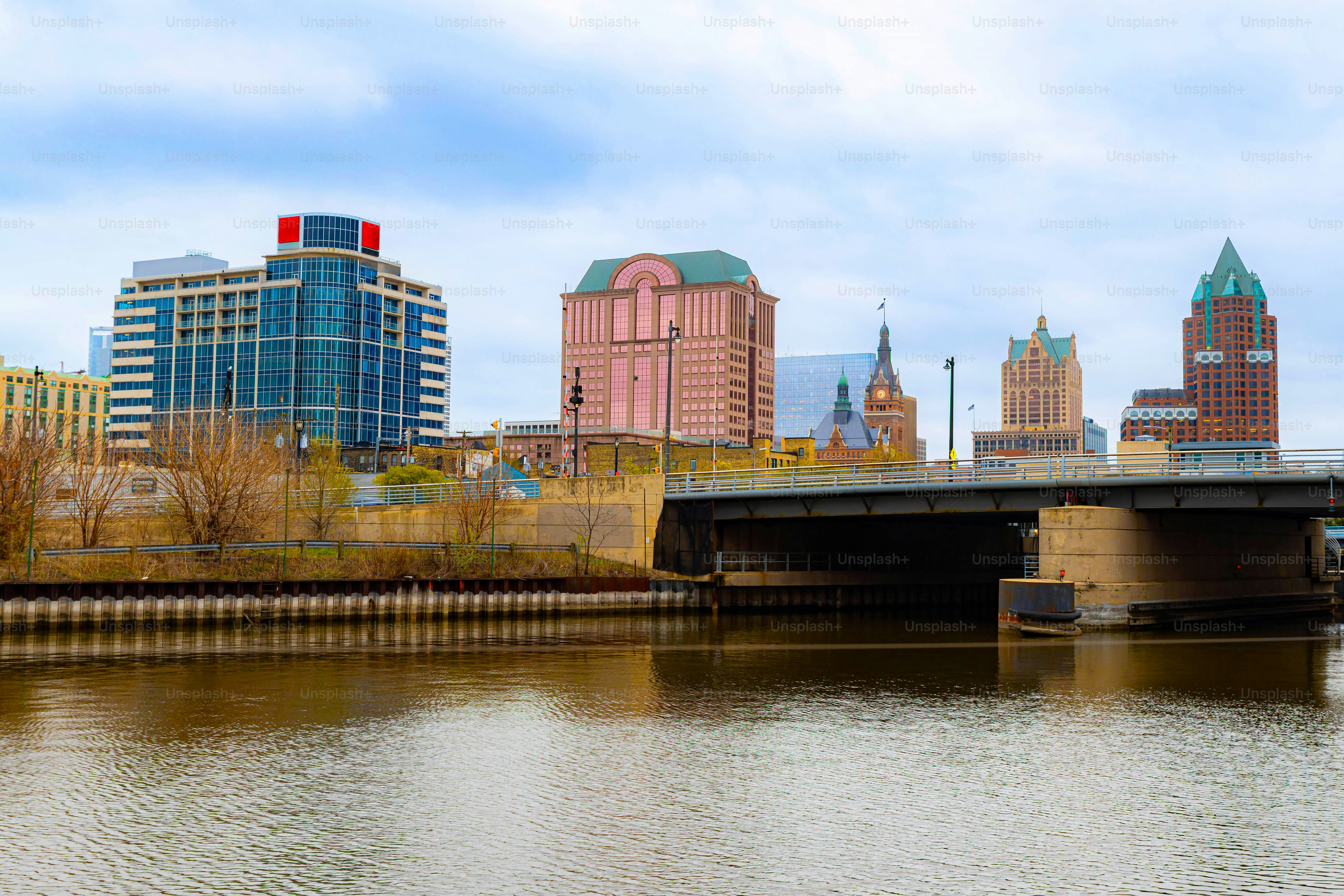 Milwaukee Skyline from City Center Milwaukee River at summer day