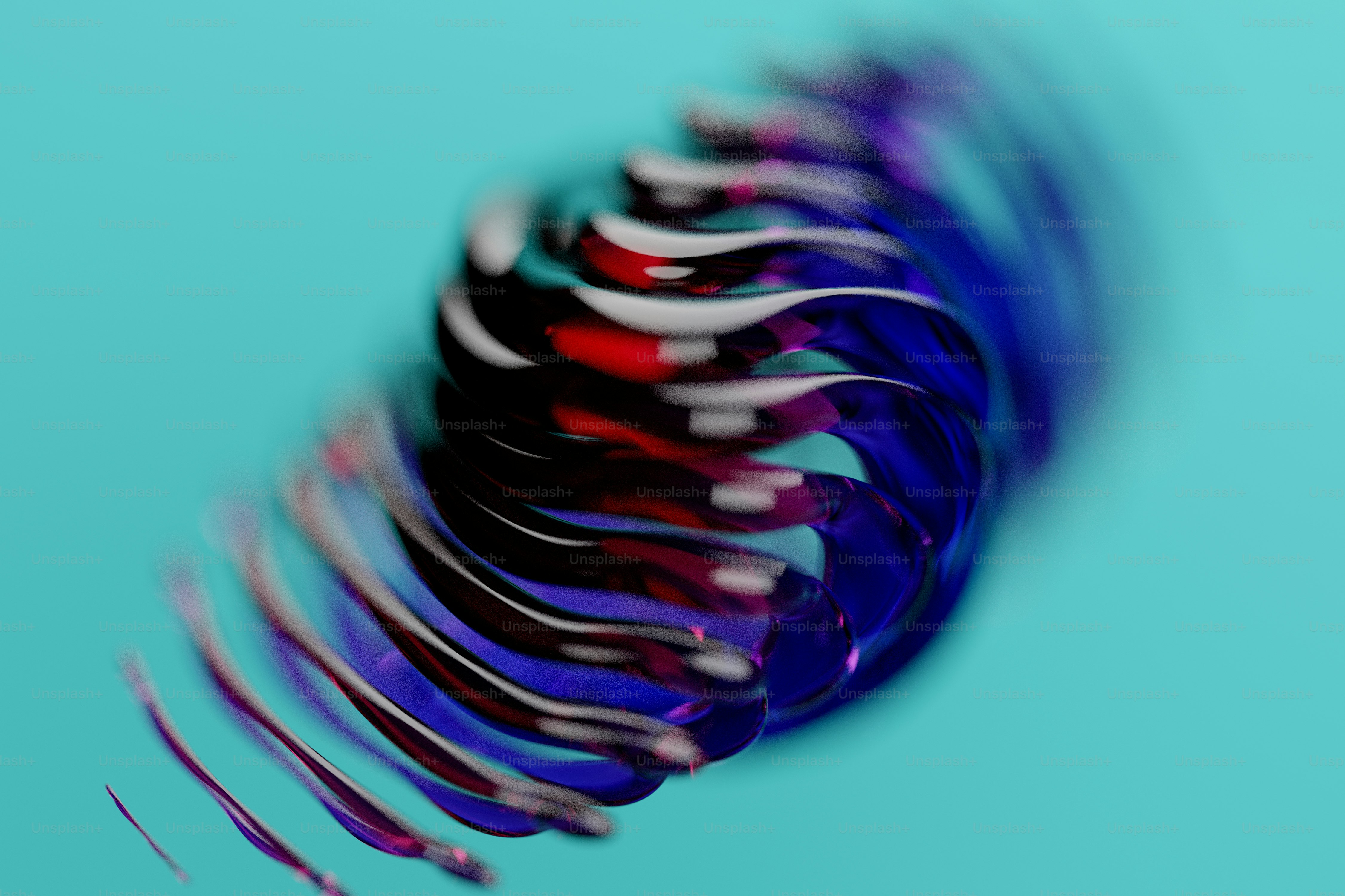 A swirling abstract form of translucent red and blue ribbons on a teal background