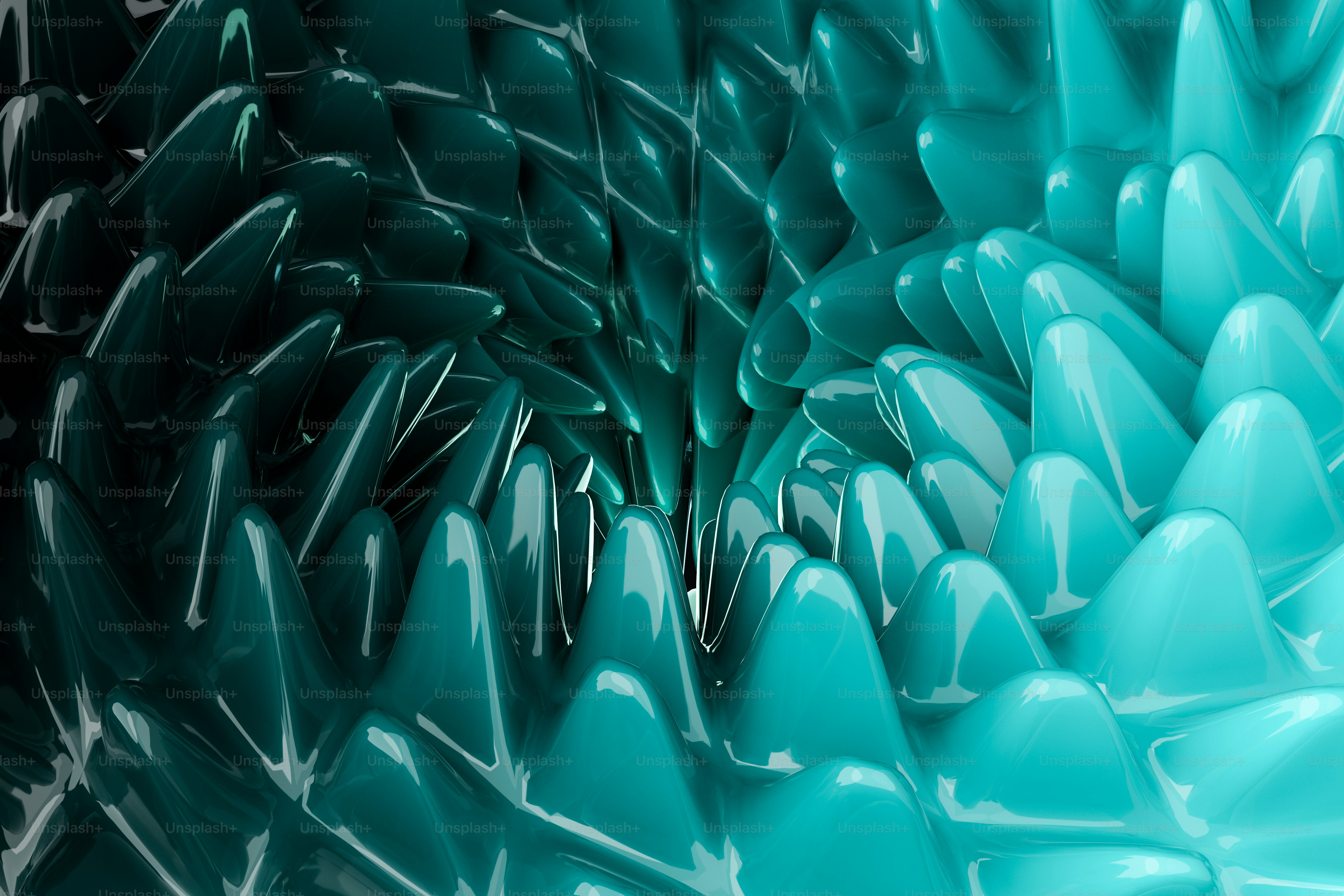 Abstract teal and dark green liquid spikes forming a swirling vortex pattern