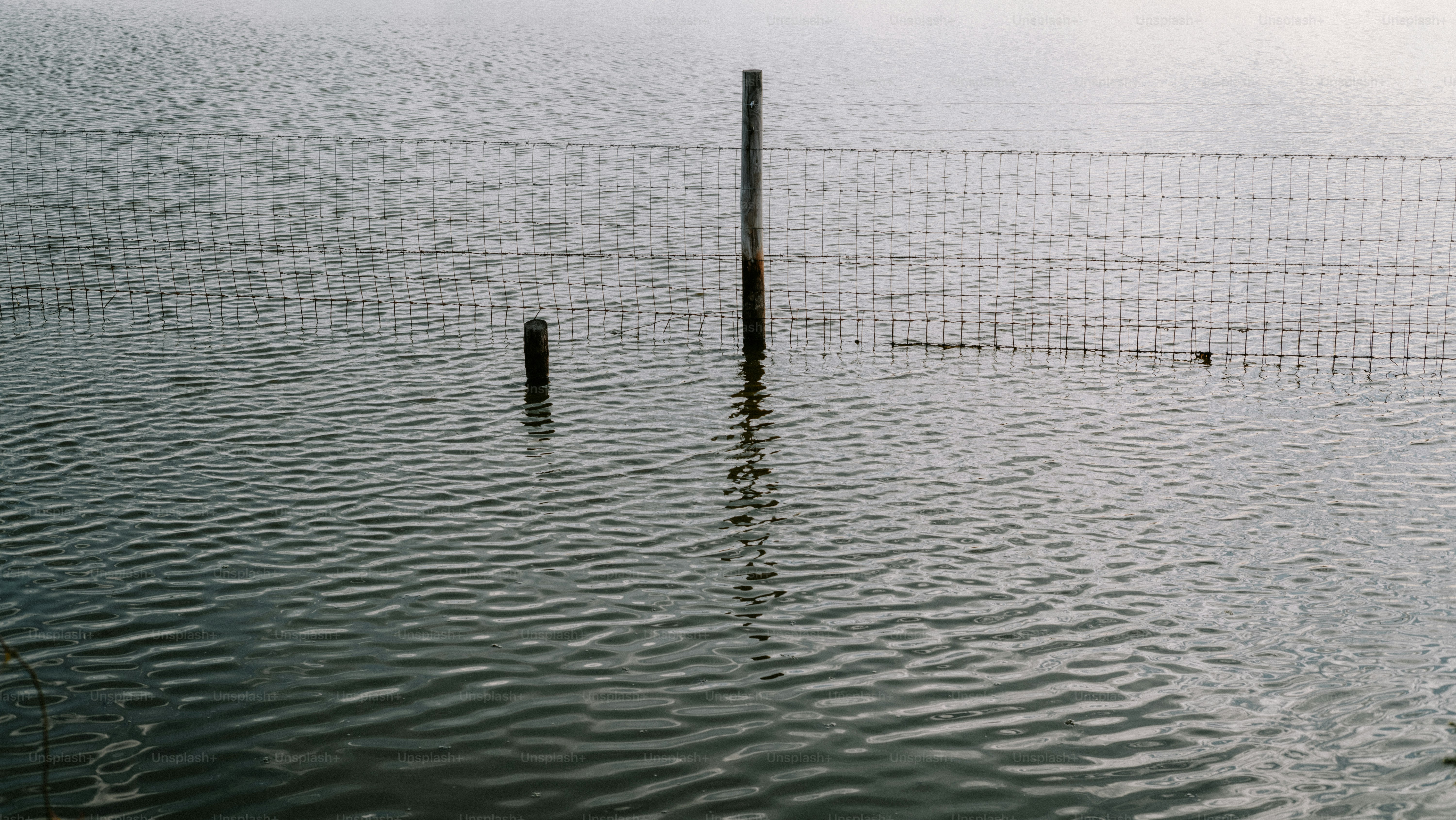 A wire fence partially submerged in rippling water with two wooden posts