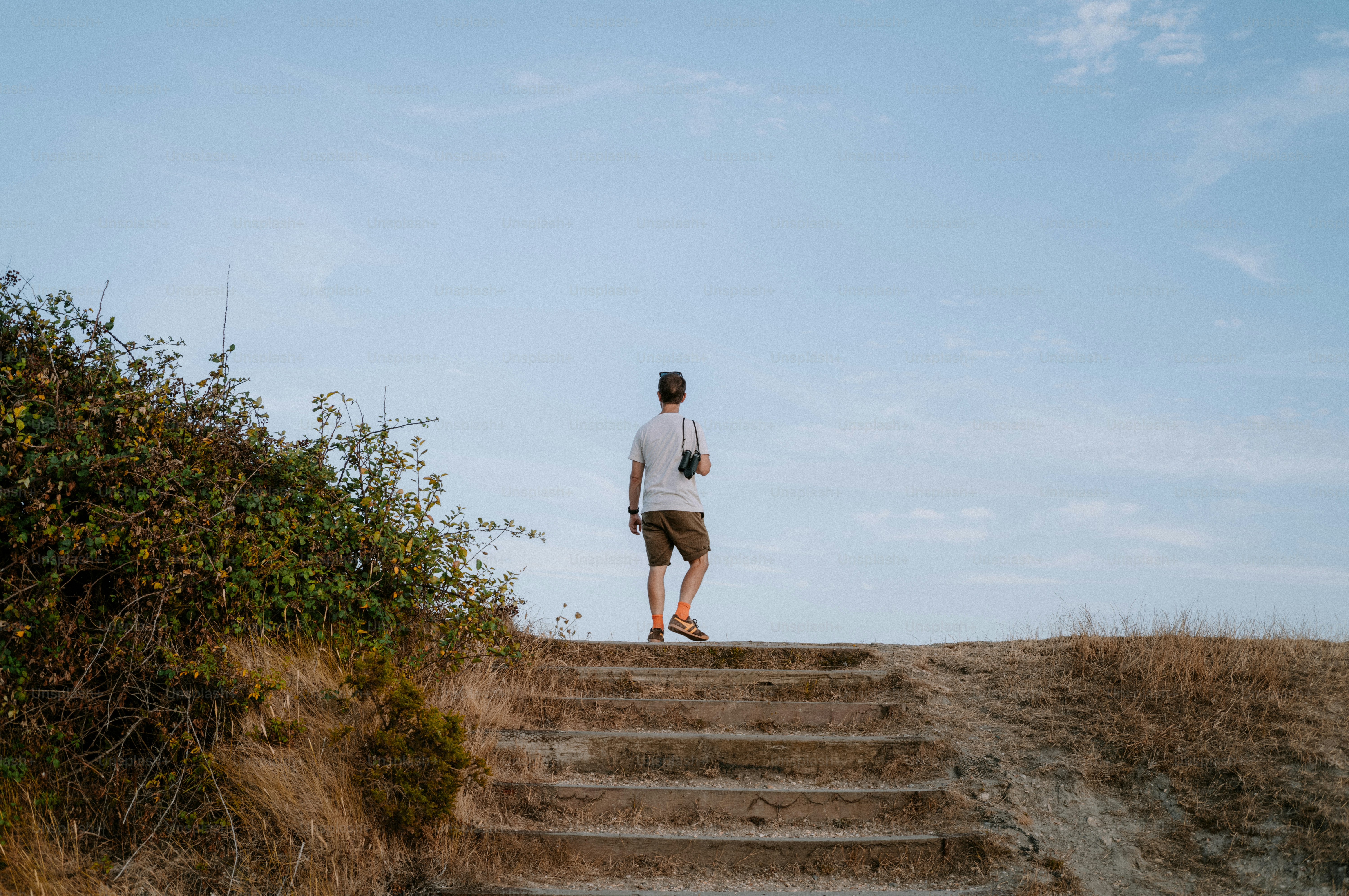 A person in a white t-shirt and shorts walking up wooden stairs outdoors