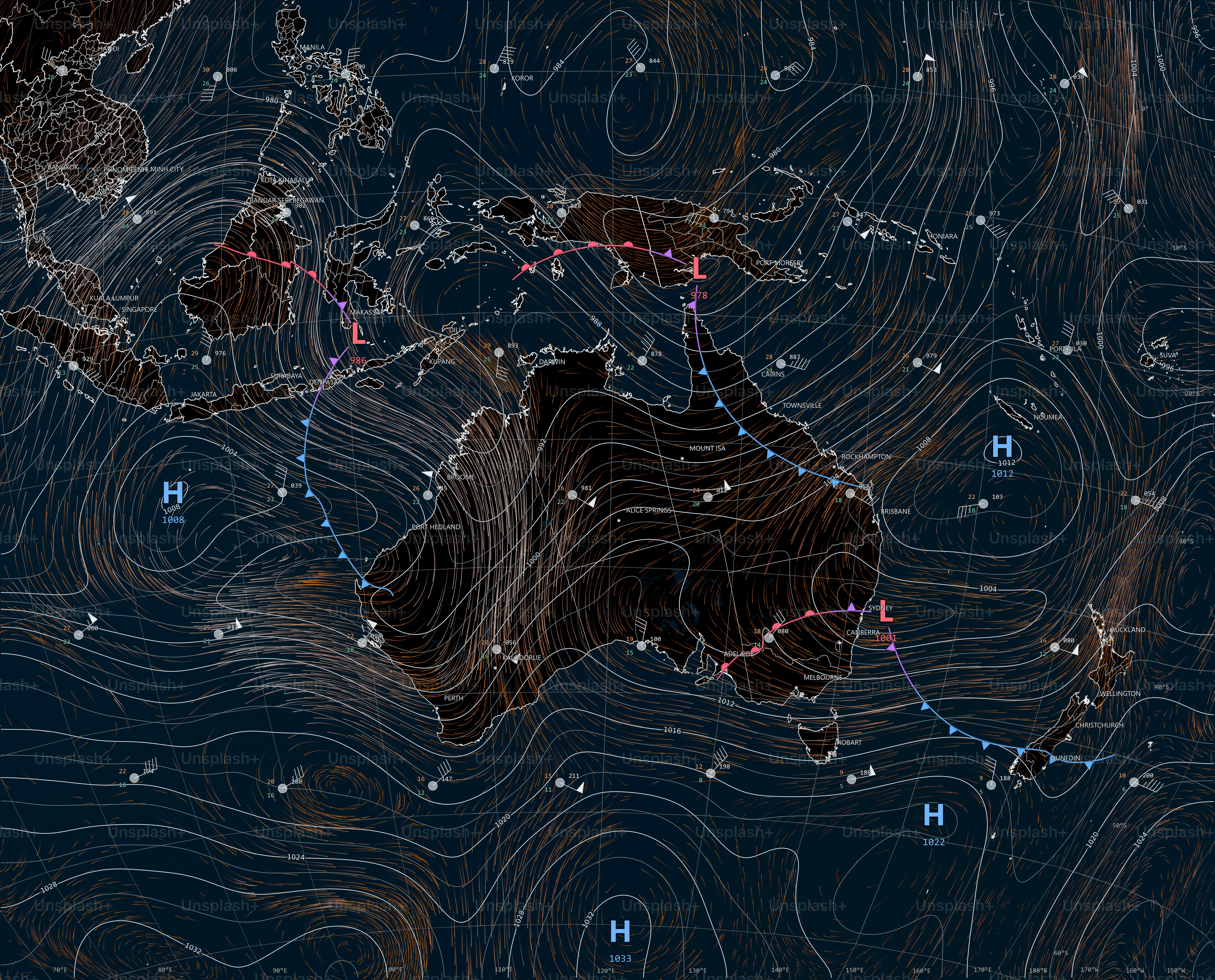 Eine Wetterkarte, die Windmuster und Drucksysteme über Australien und Ozeanien zeigt