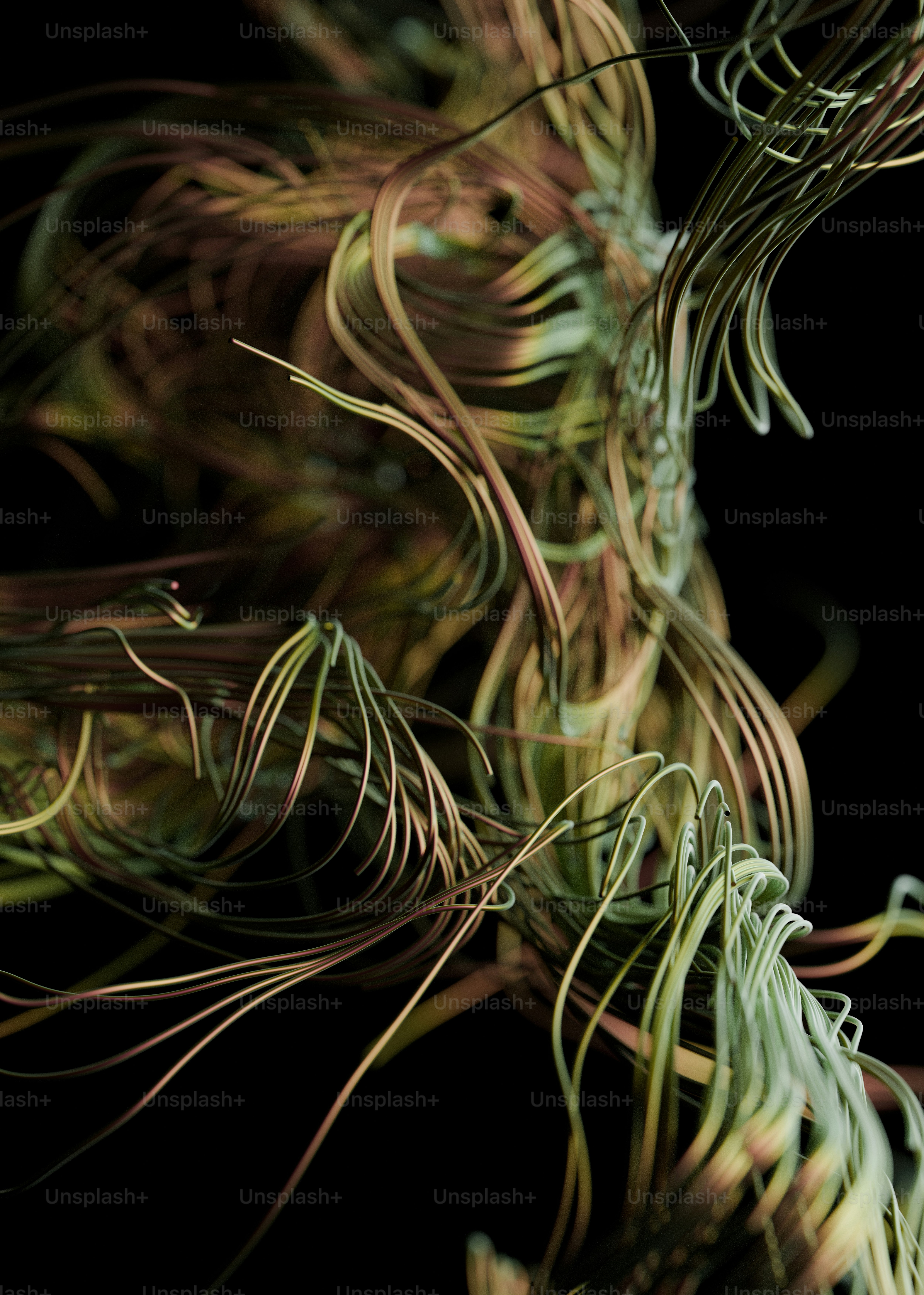 Abstract green and copper metallic wires swirling against a dark background