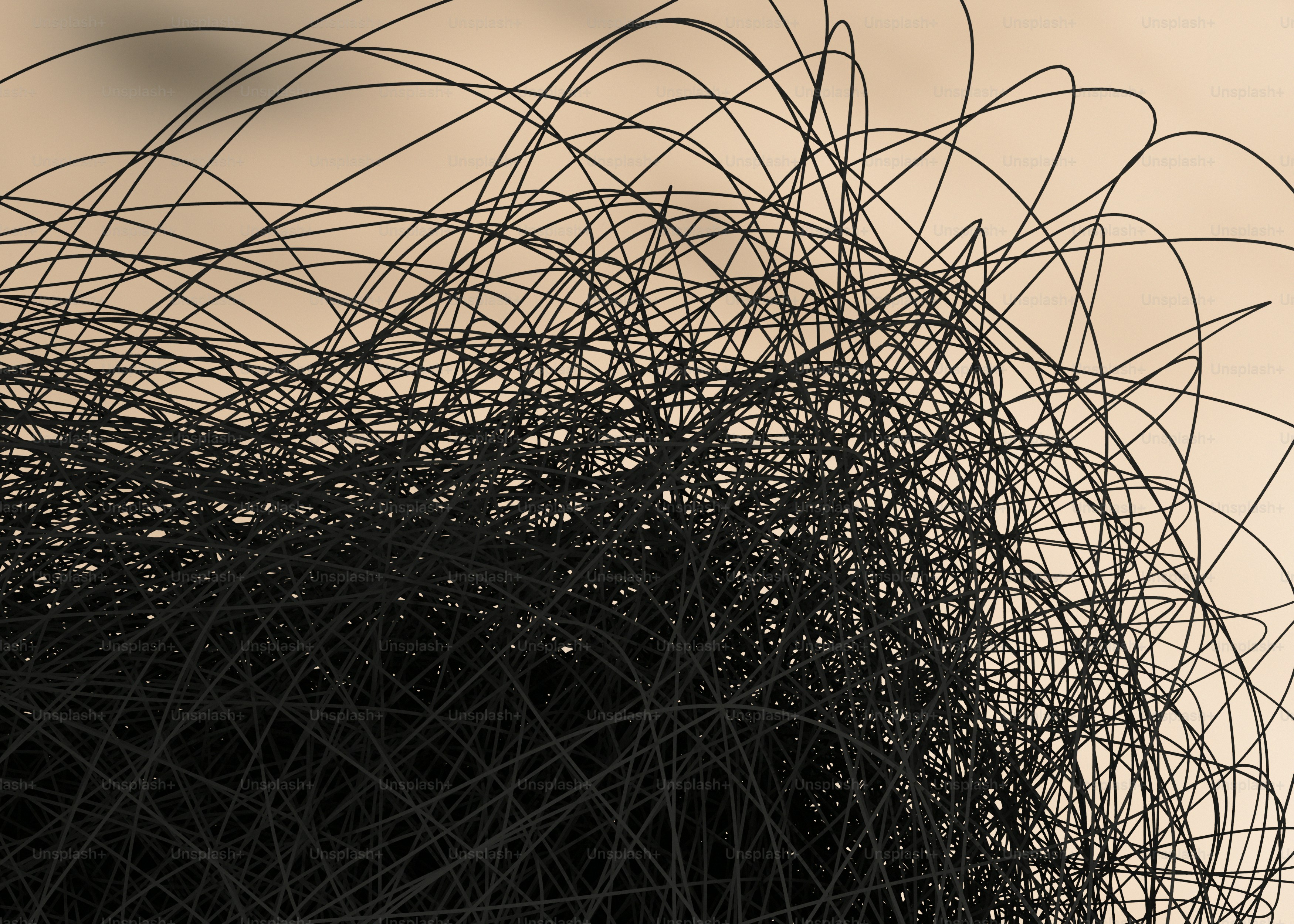 A dense tangle of black lines against a pale beige background