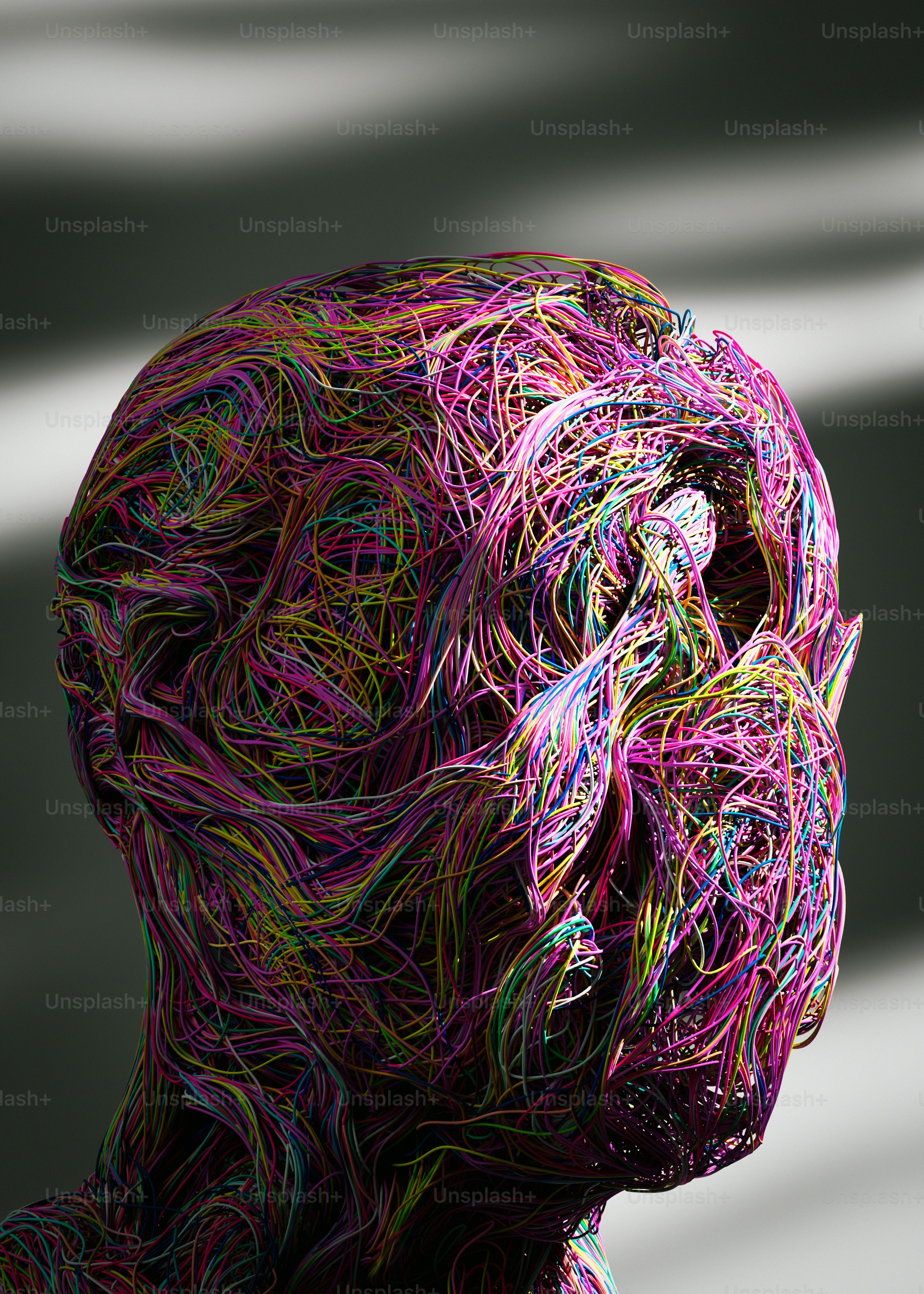 A human head sculpture made of tangled multicolored wires against a grey background