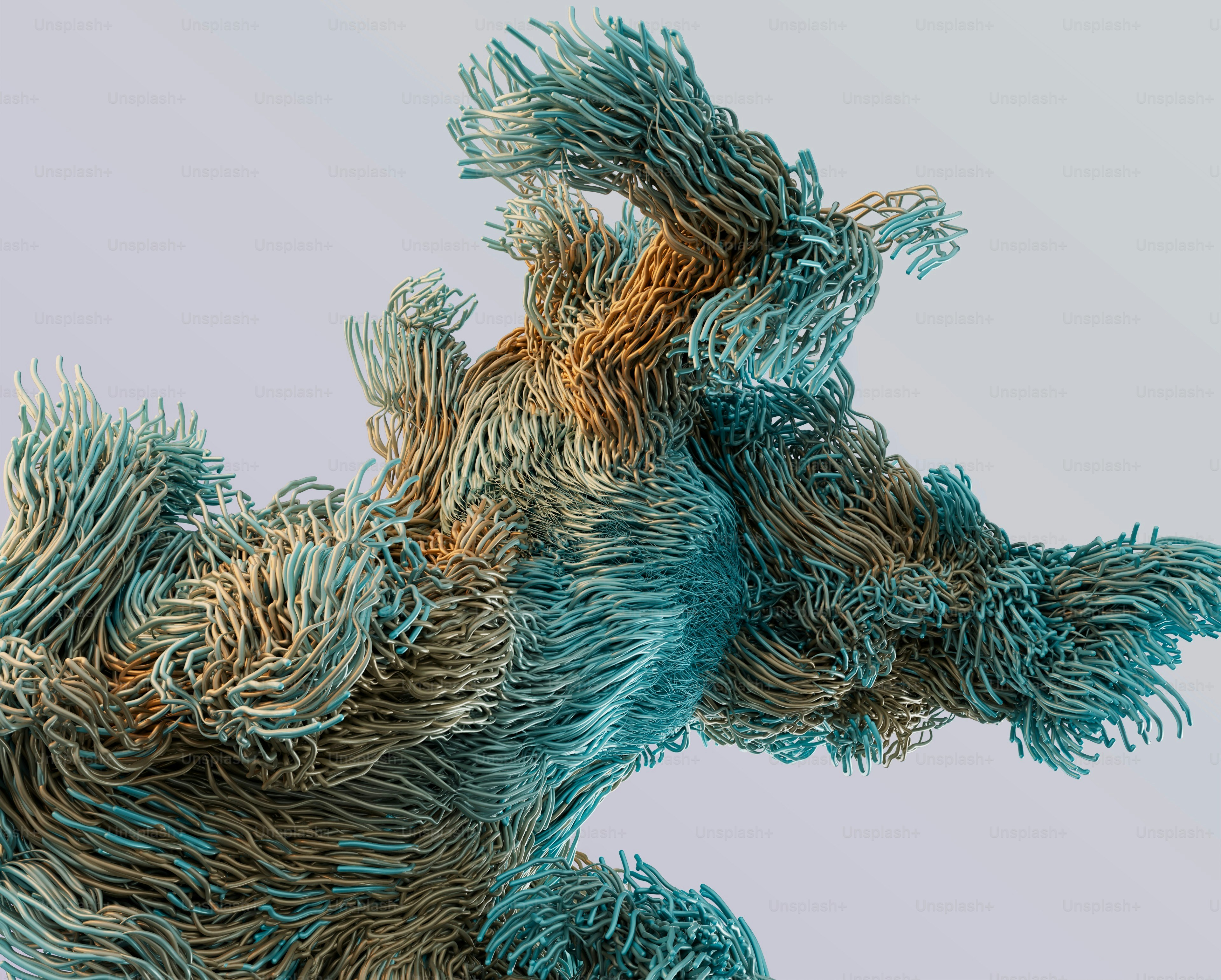 Abstract cluster of flowing teal and tan filaments against a light grey background