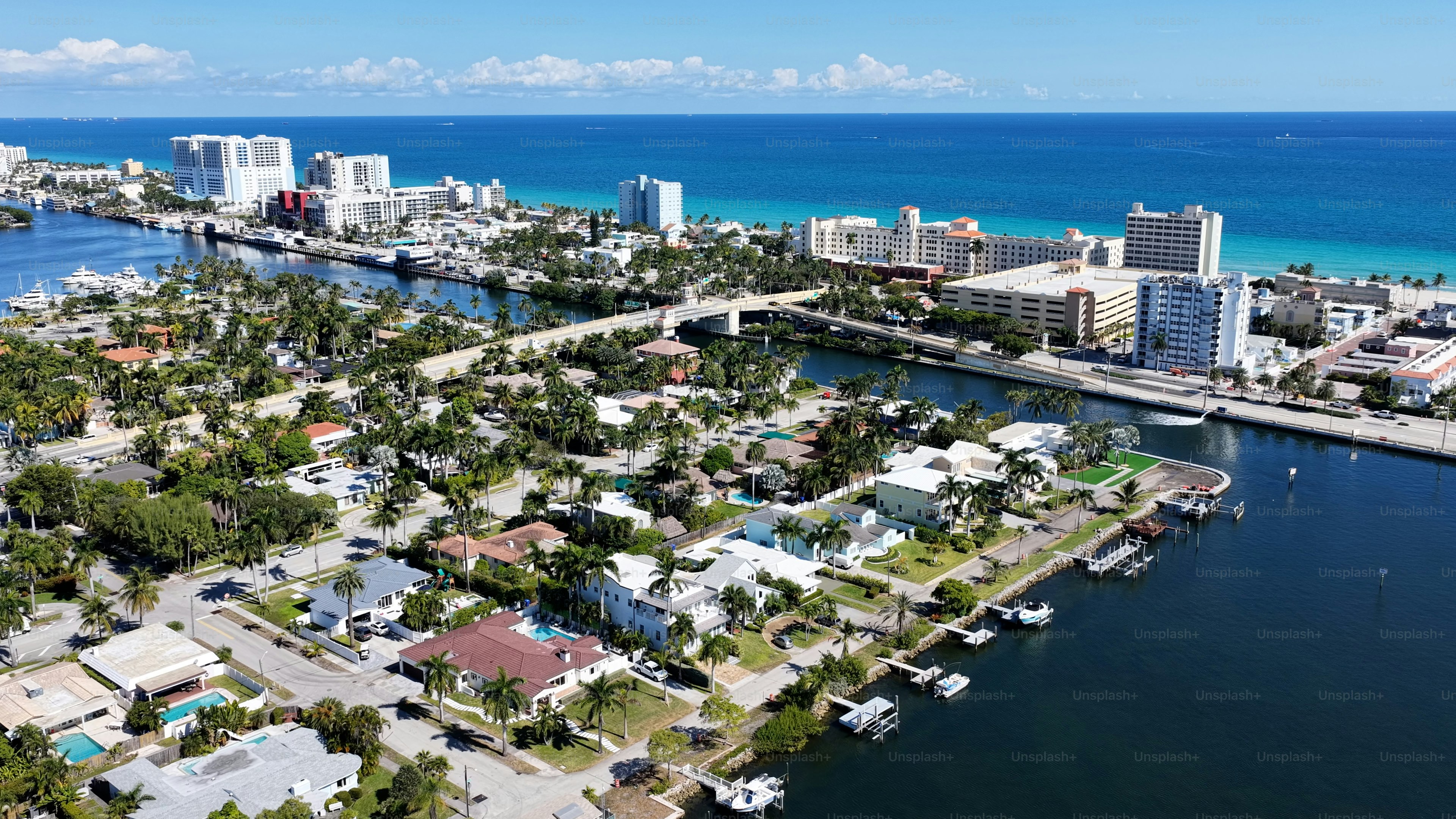 Hollywood Beach Skyline At Hollywood Beach In Florida United States. Urban Beach. Bay Water Scenery. Downtown City. Hollywood Beach Skyline In Florida United States. Peaceful Landscape.