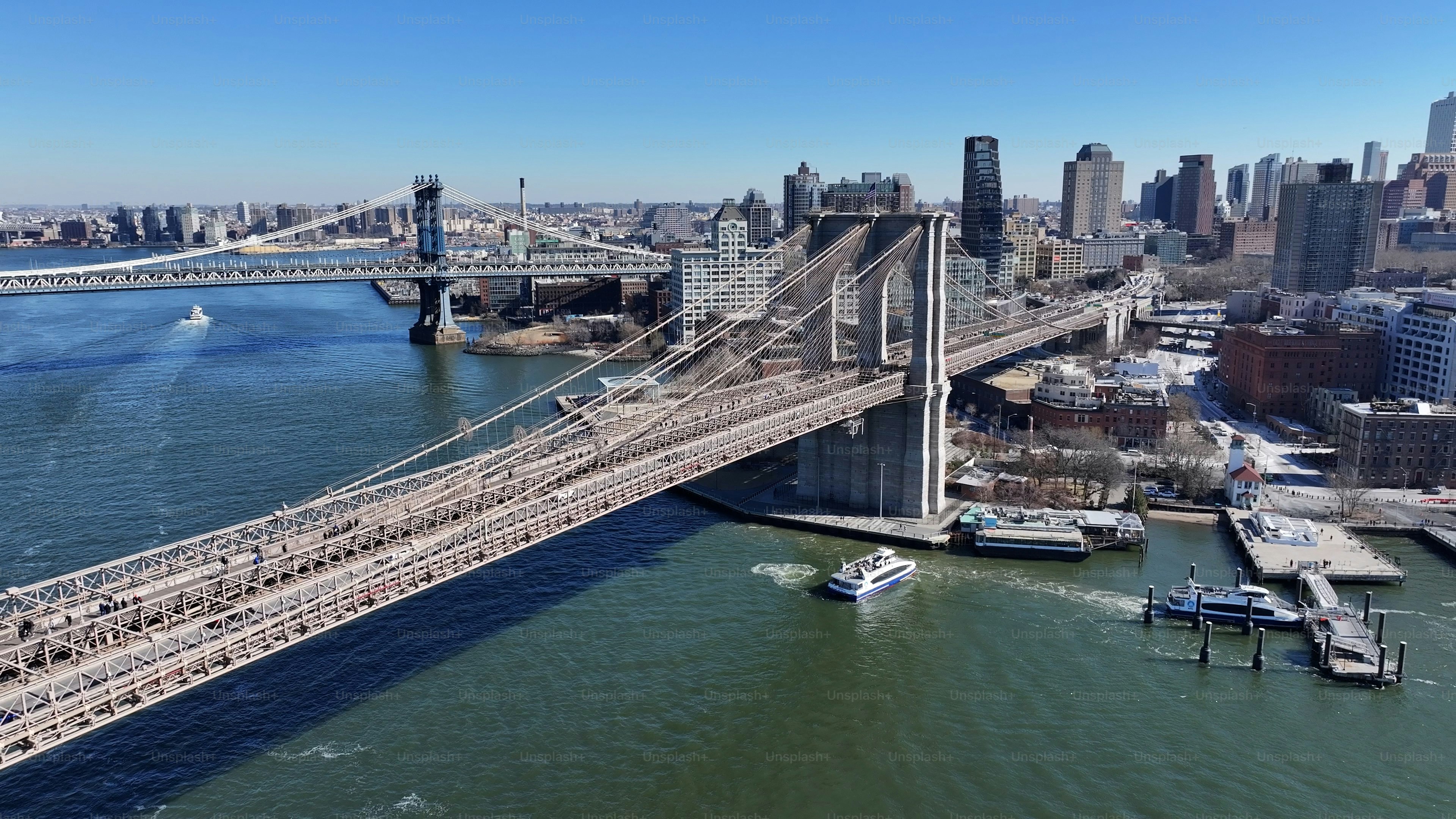 Brooklyn Skyline At Manhattan In New York United States. Highrise Buildings Scenery. Brooklyn Bridge Landscape. Brooklyn Skyline At New York United States. Traffic Background.