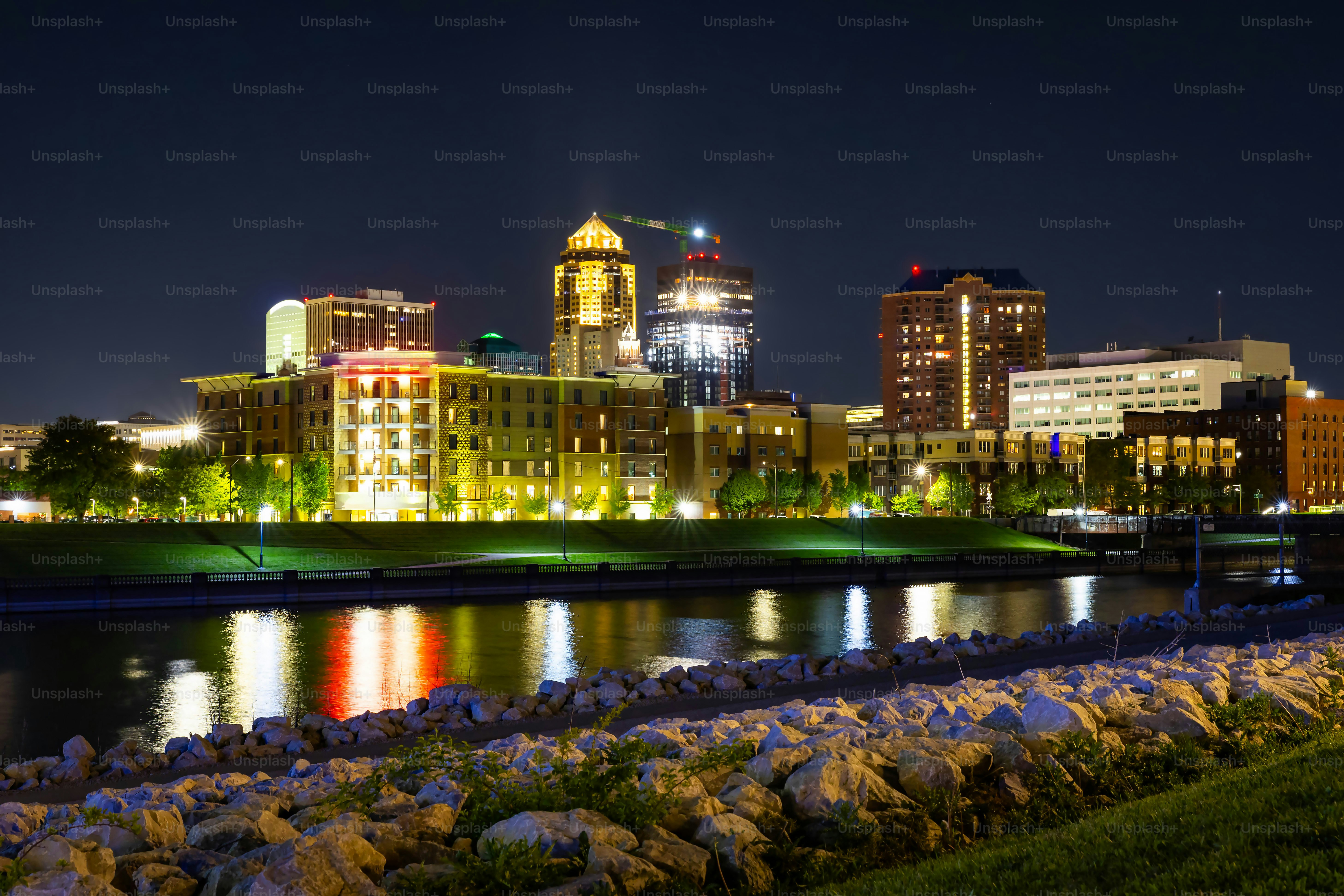 Scenic night view of downtown Des Moines reflected in the Des Moines River