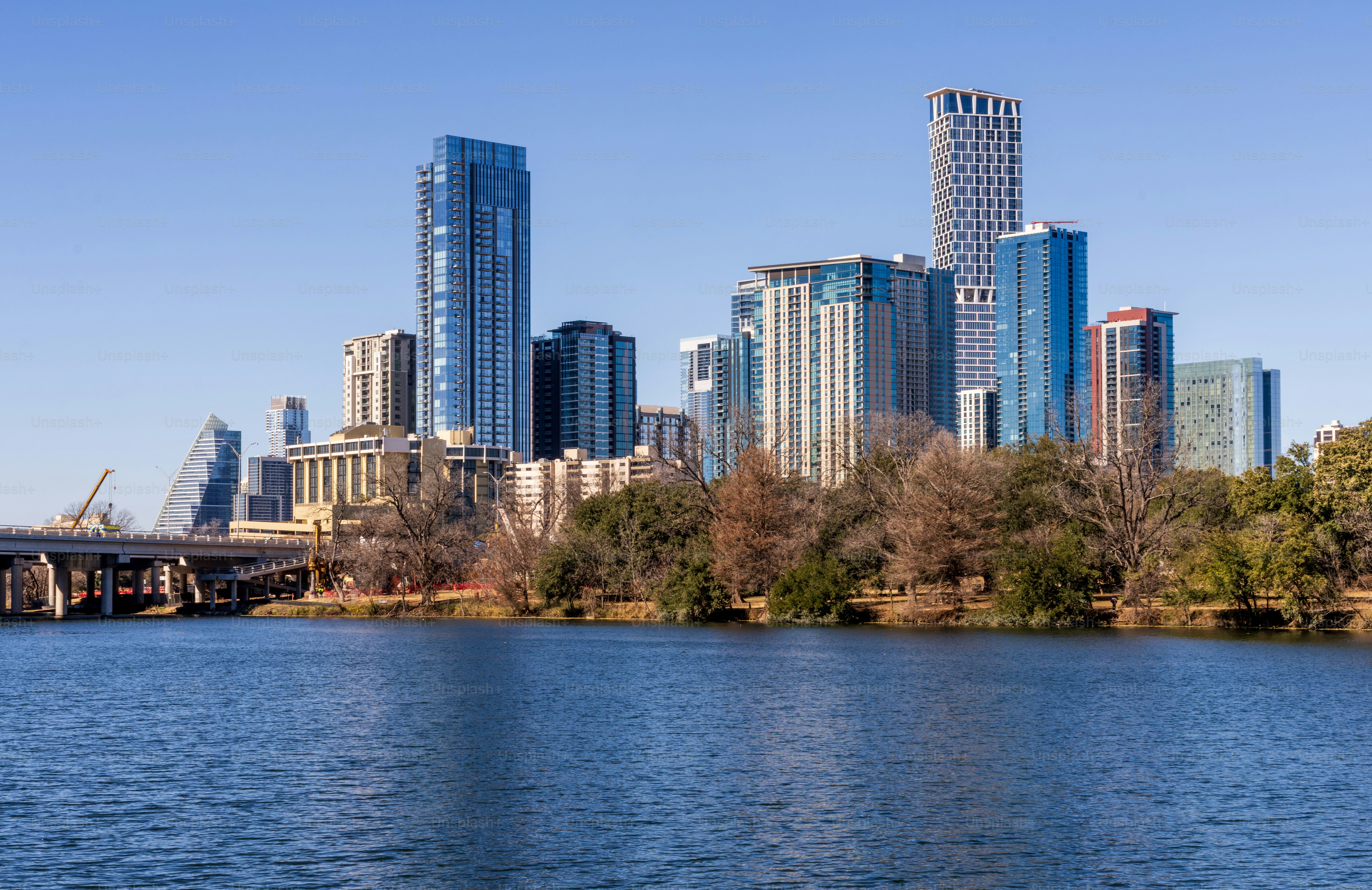 City skyline of downtown Austin Texas in 2026 from across Lady Bird Lake in the winter
