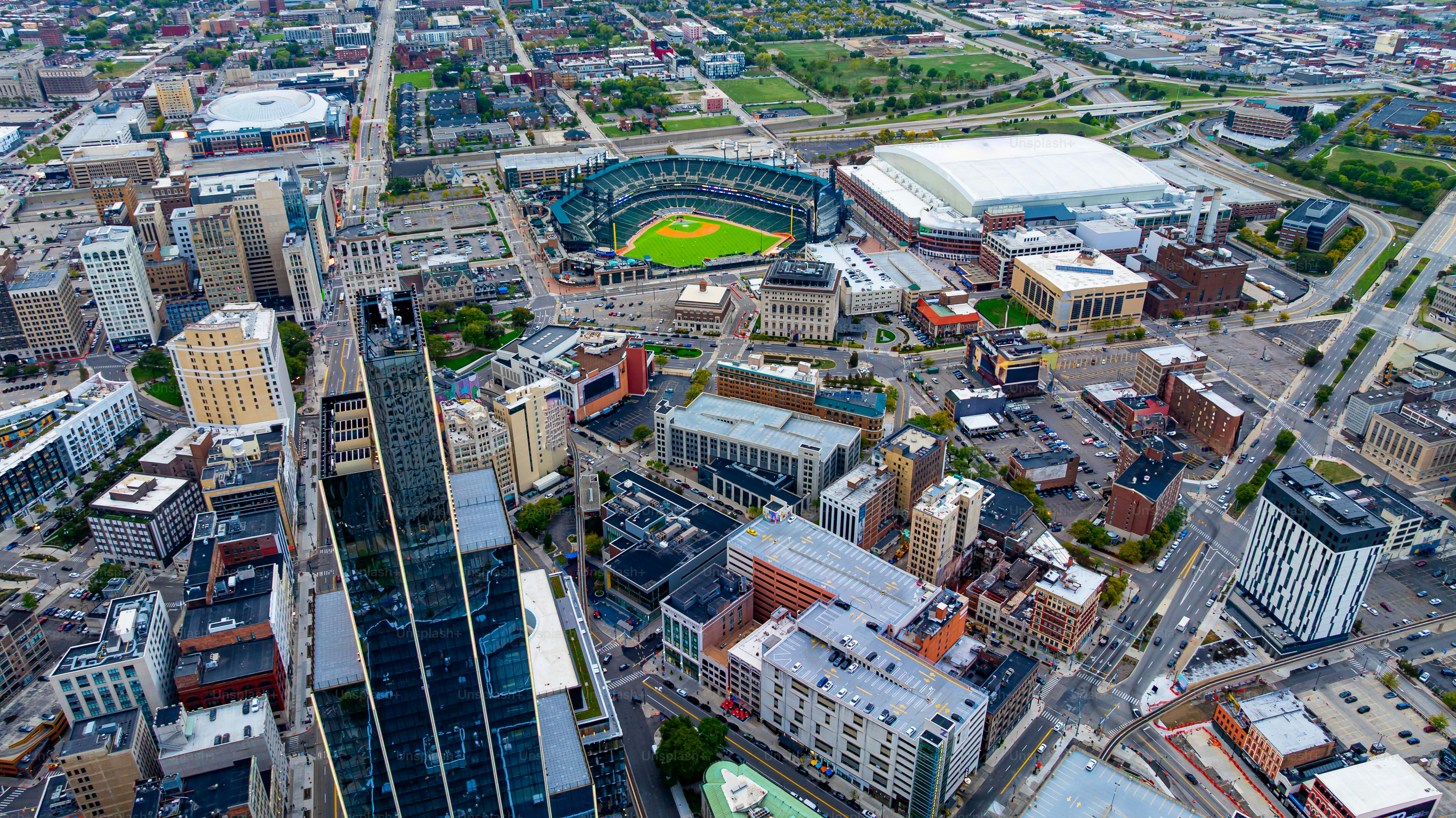 Downtown Detroit skyline with Comerica Park. Aerial view of downtown Detroit skyline featuring Comerica Park and nearby skyscrapers.