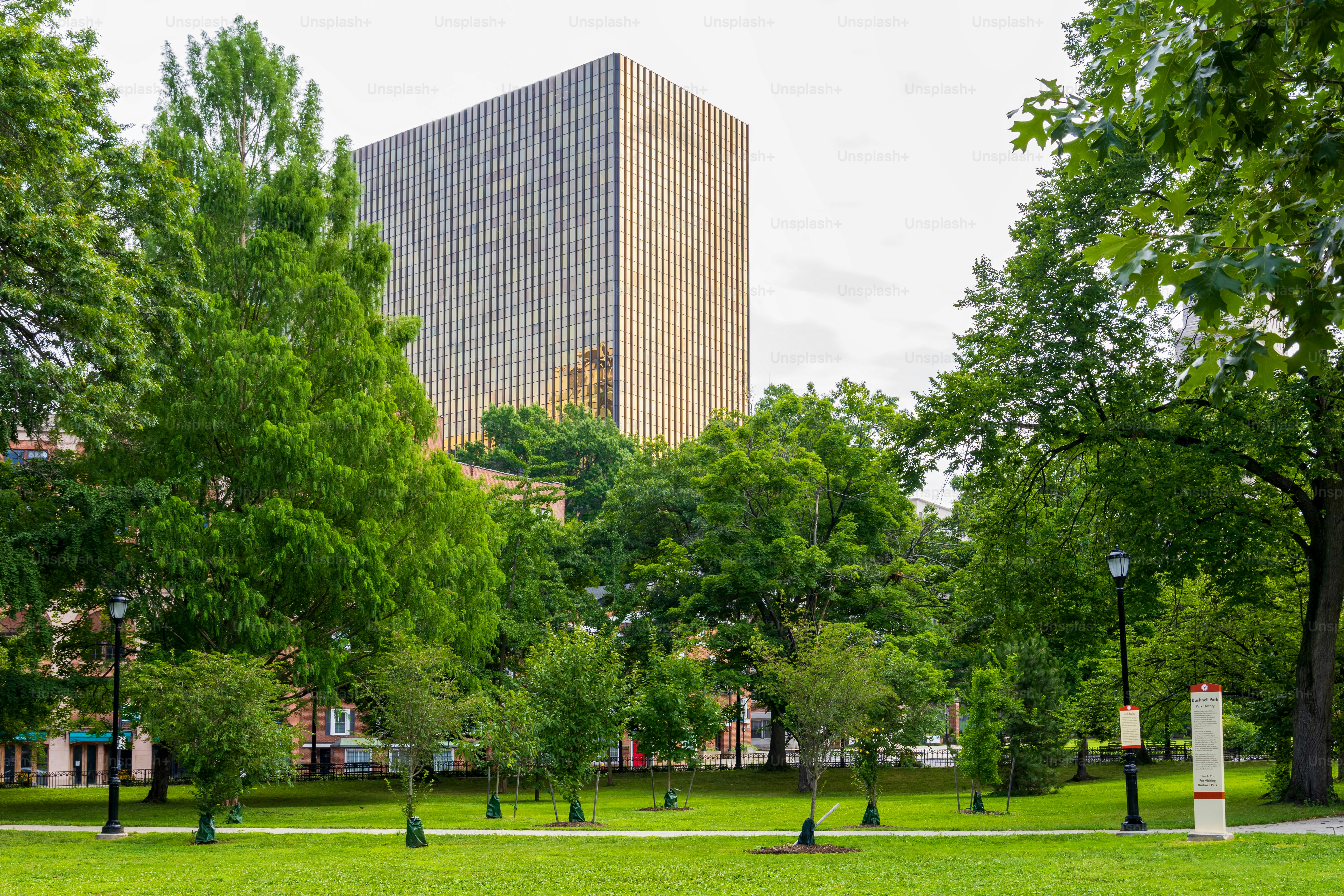 The Harford city skyline as seen from Bushnell Park, Hartford, Connecticut