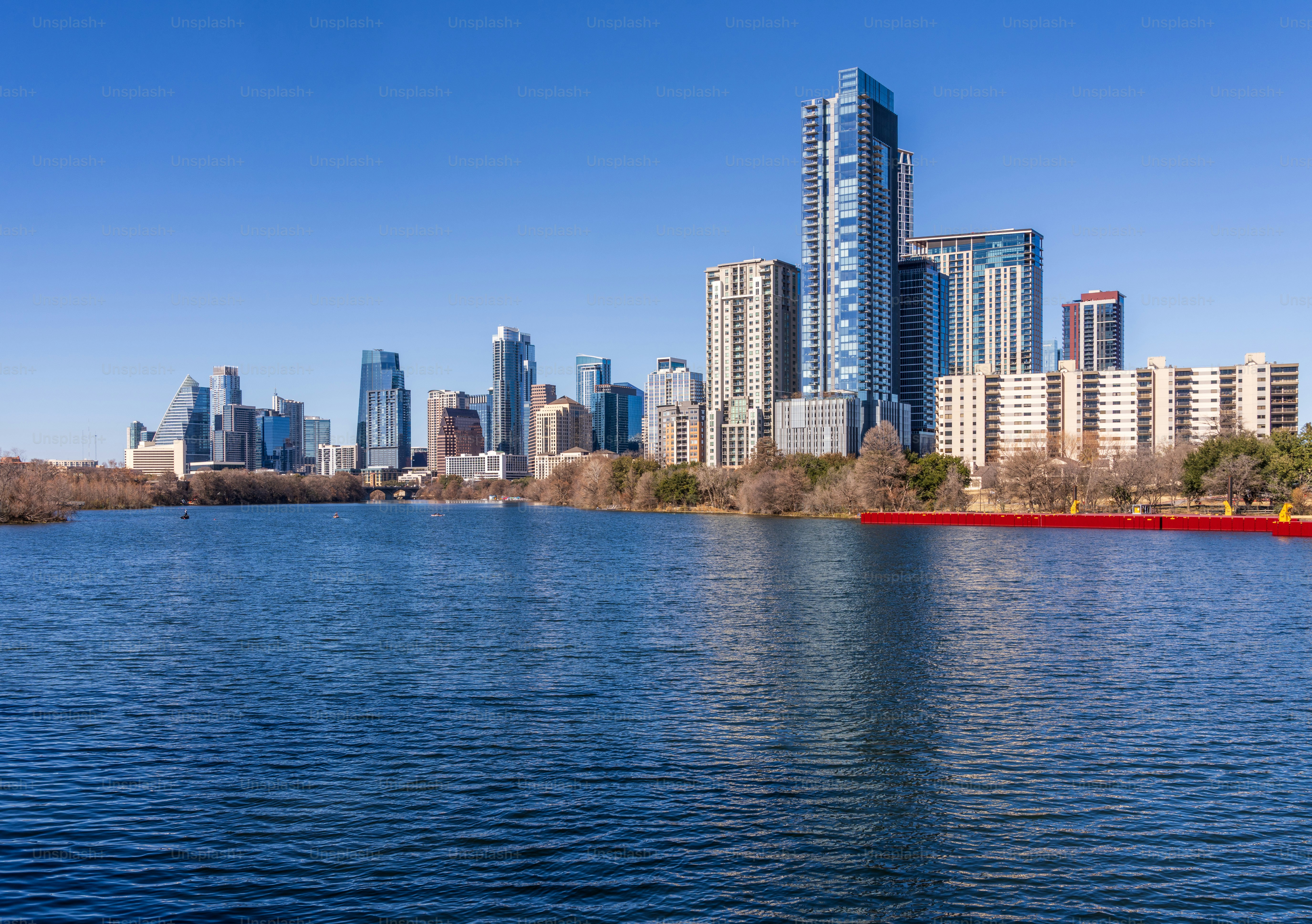City skyline of downtown Austin Texas in 2026 from across Lady Bird Lake in the winter