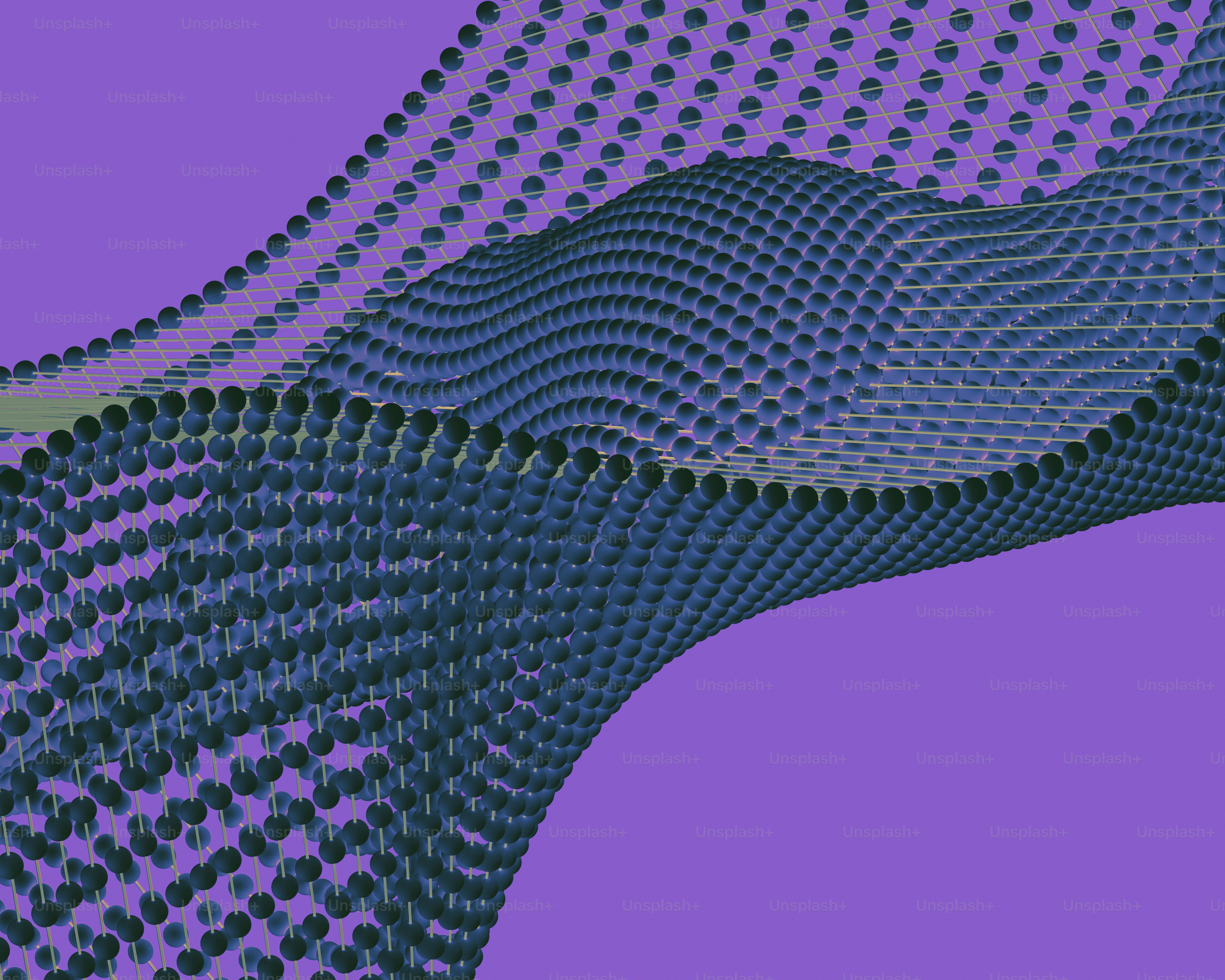Eine Welle dunkelblauer Kugeln, verbunden durch ein Gitter vor einem violetten Hintergrund