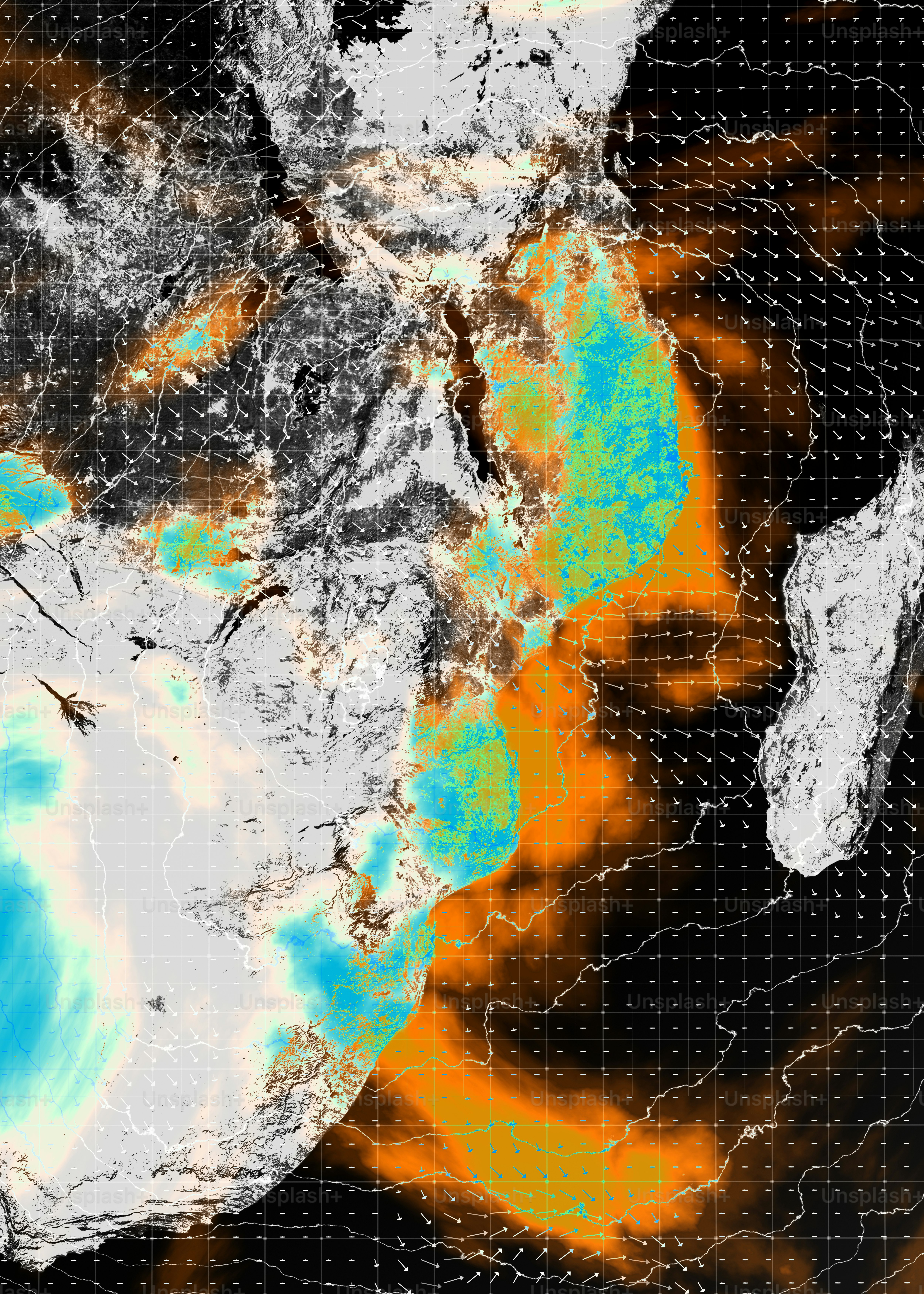 A satellite weather map showing wind patterns over the southern African continent