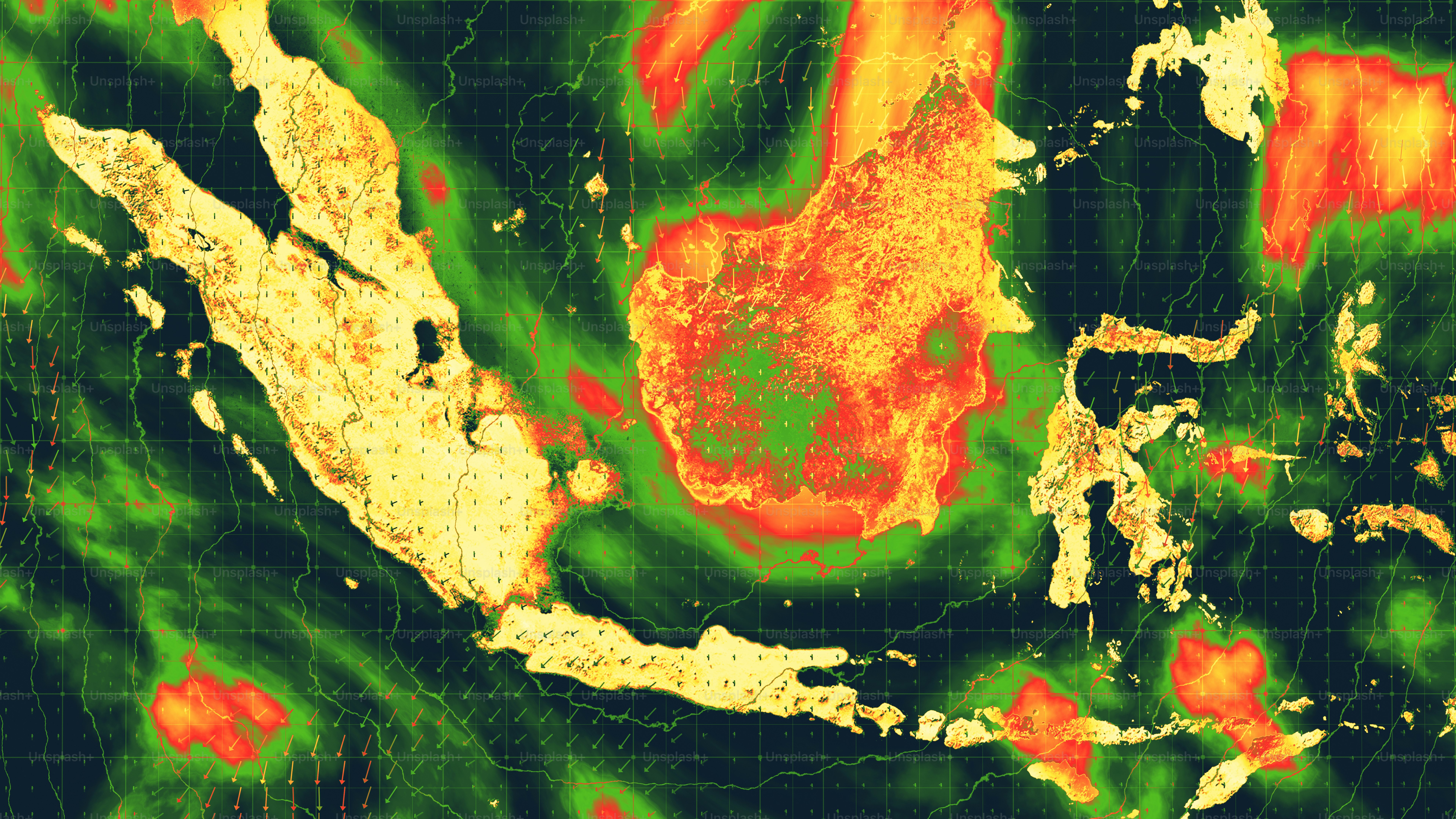 A weather map showing wind patterns and temperature gradients over Southeast Asia