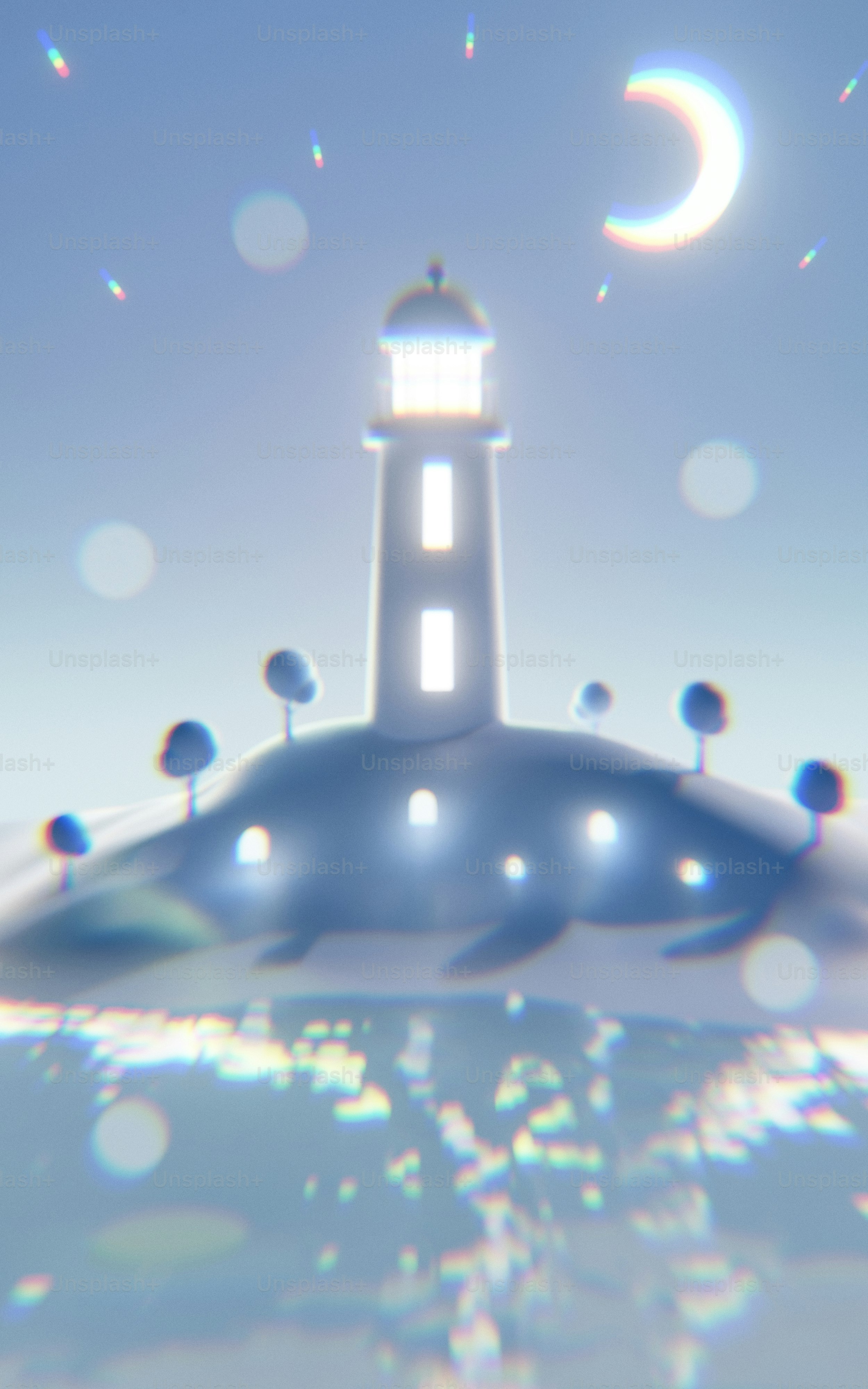 A glowing lighthouse on a small hill with trees under a crescent moon