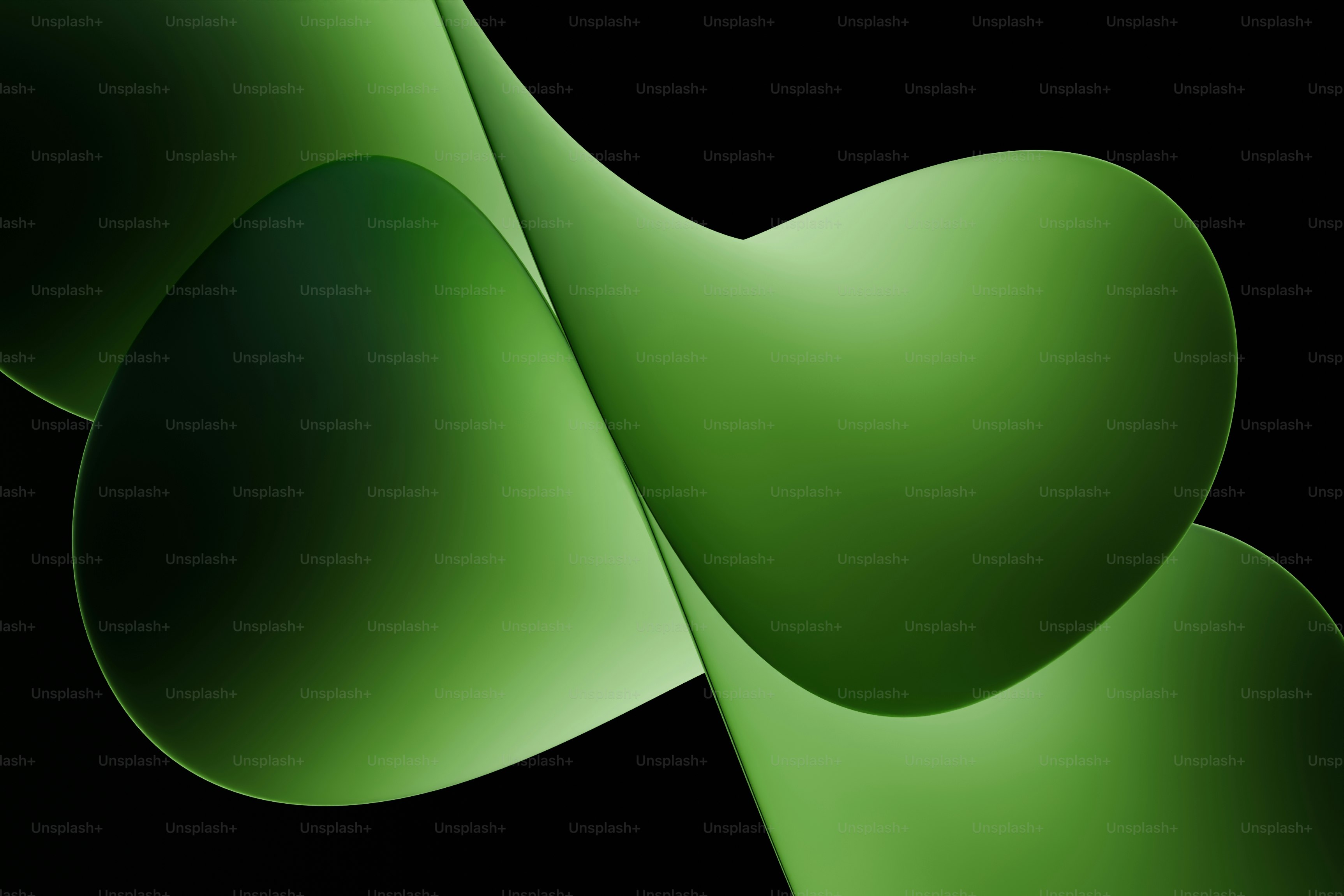 Formas abstratas verdes suaves e sobrepostas com sombras suaves contra um fundo preto