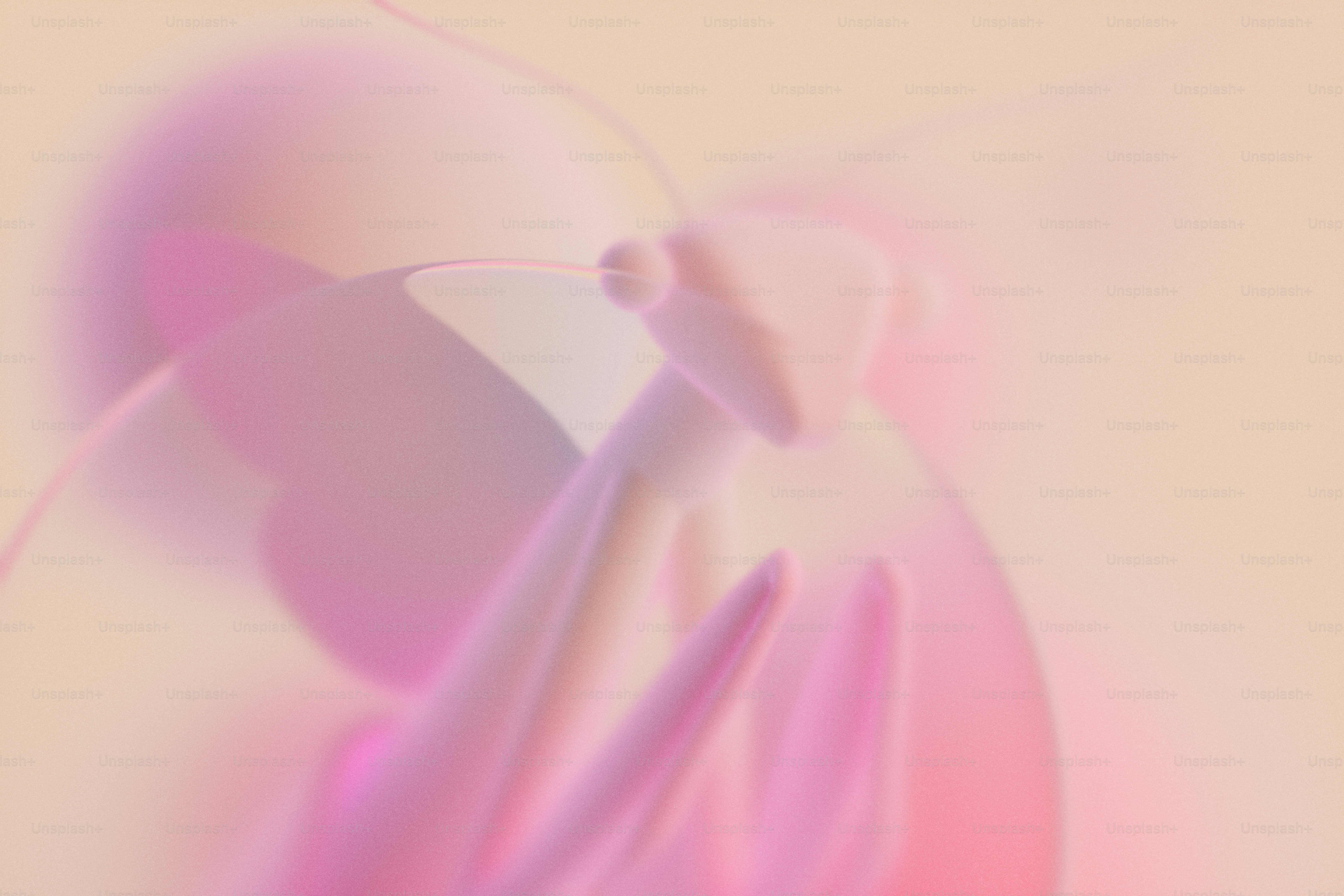 A blurred pink praying mantis against a soft light peach background