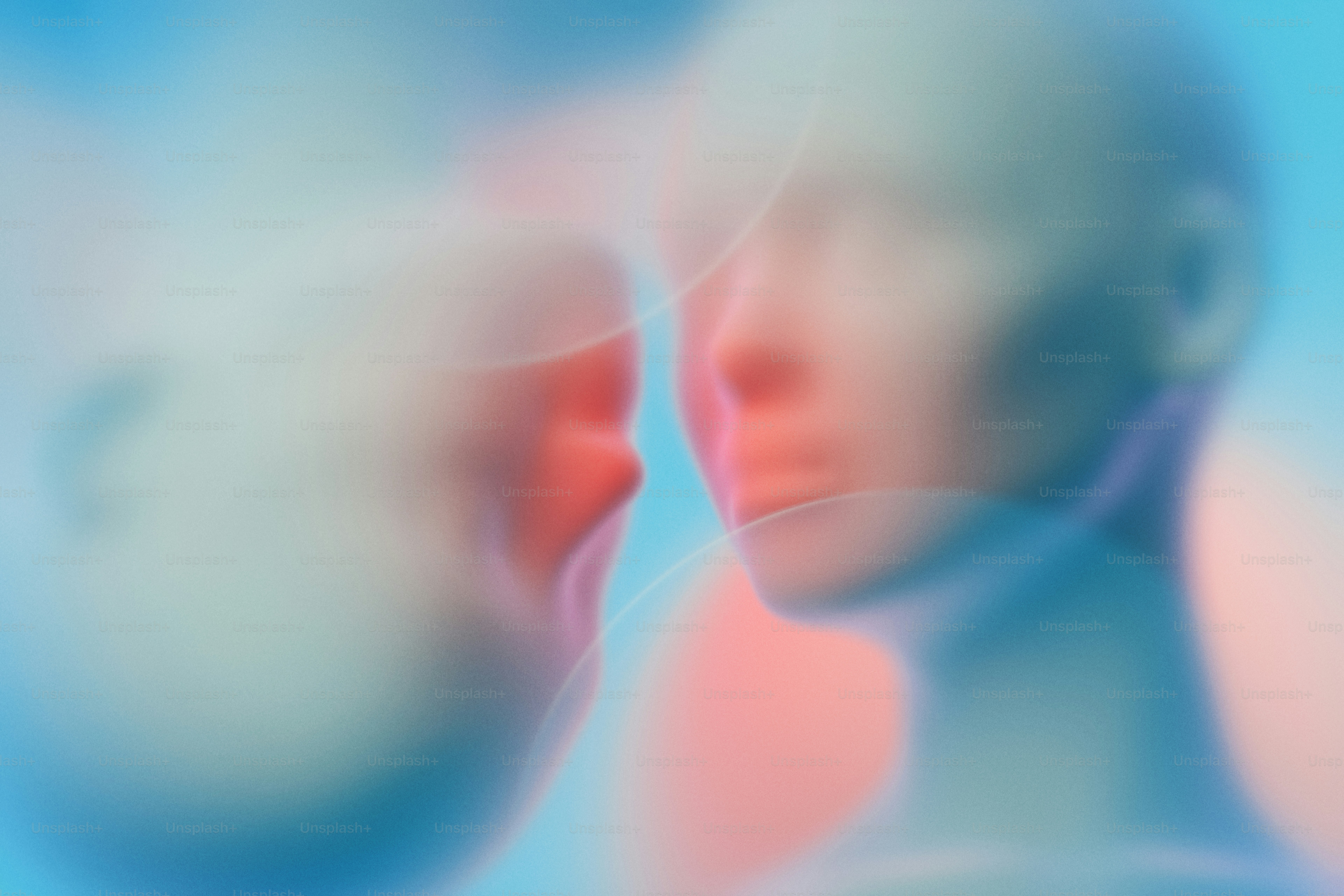 Two blurred human heads facing each other in soft blue and pink light