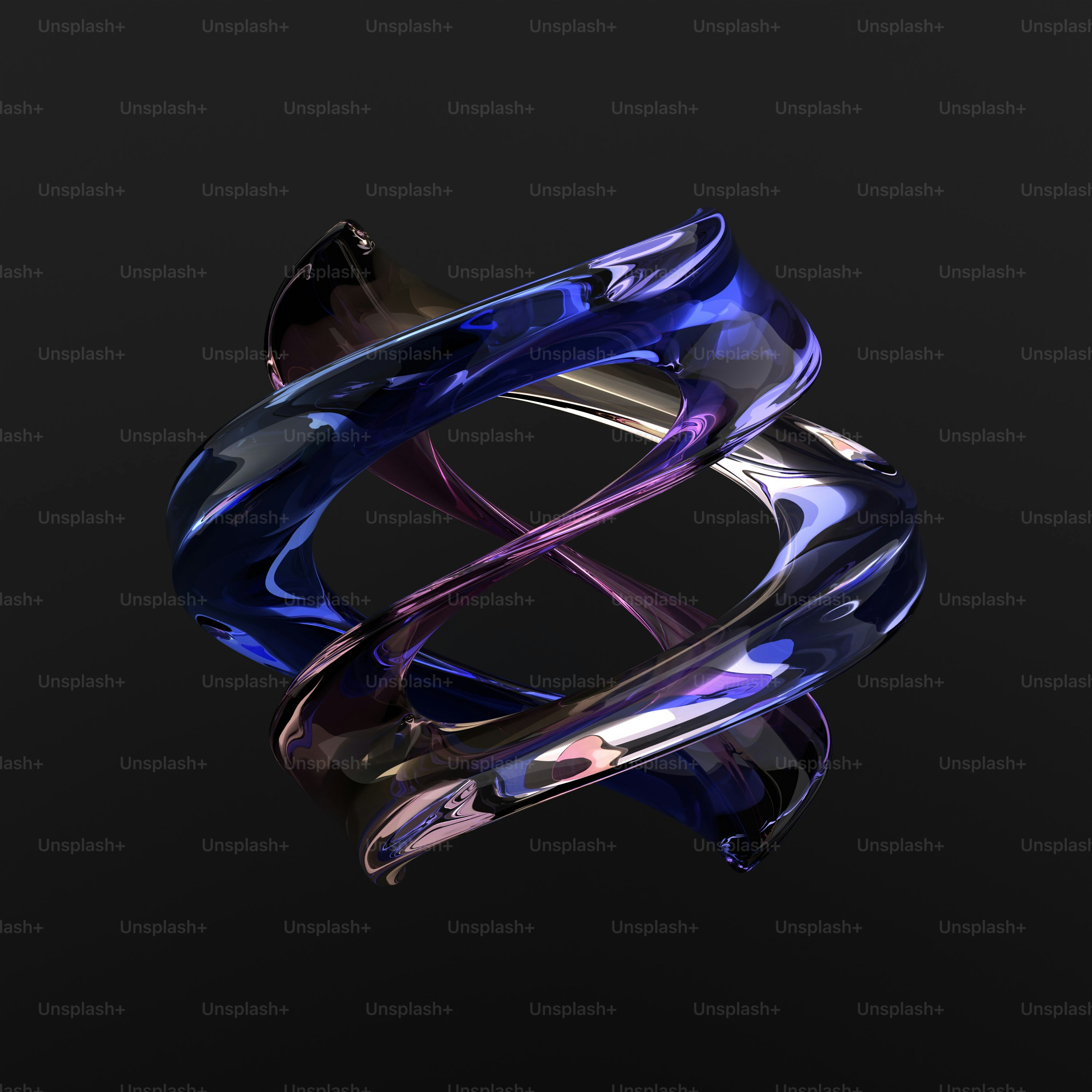 Un anillo retorcido azul brillante y morado sobre un fondo oscuro