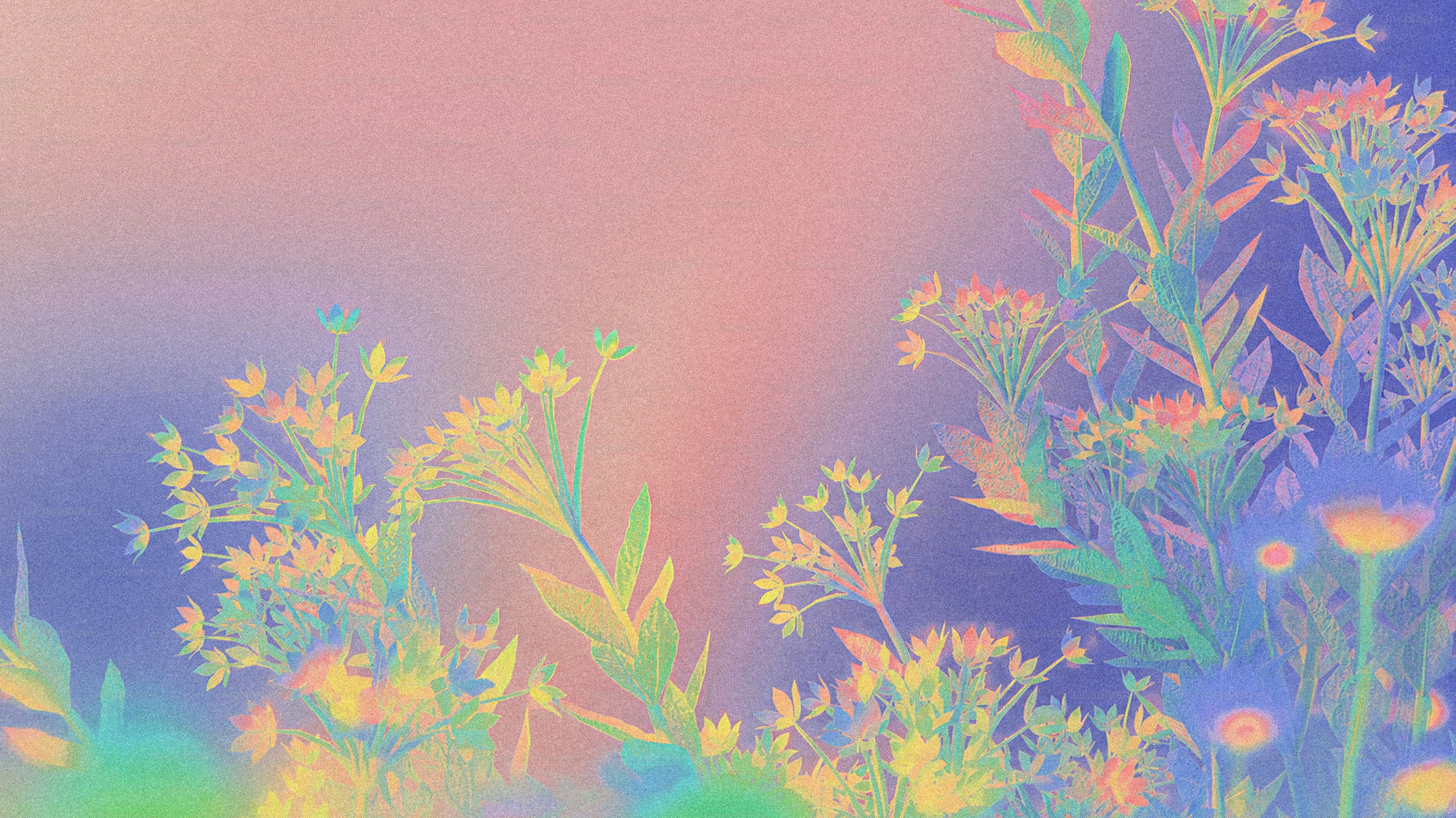 Flores silvestres en colores iridiscentes sobre un fondo suave de degradados rosas y morados