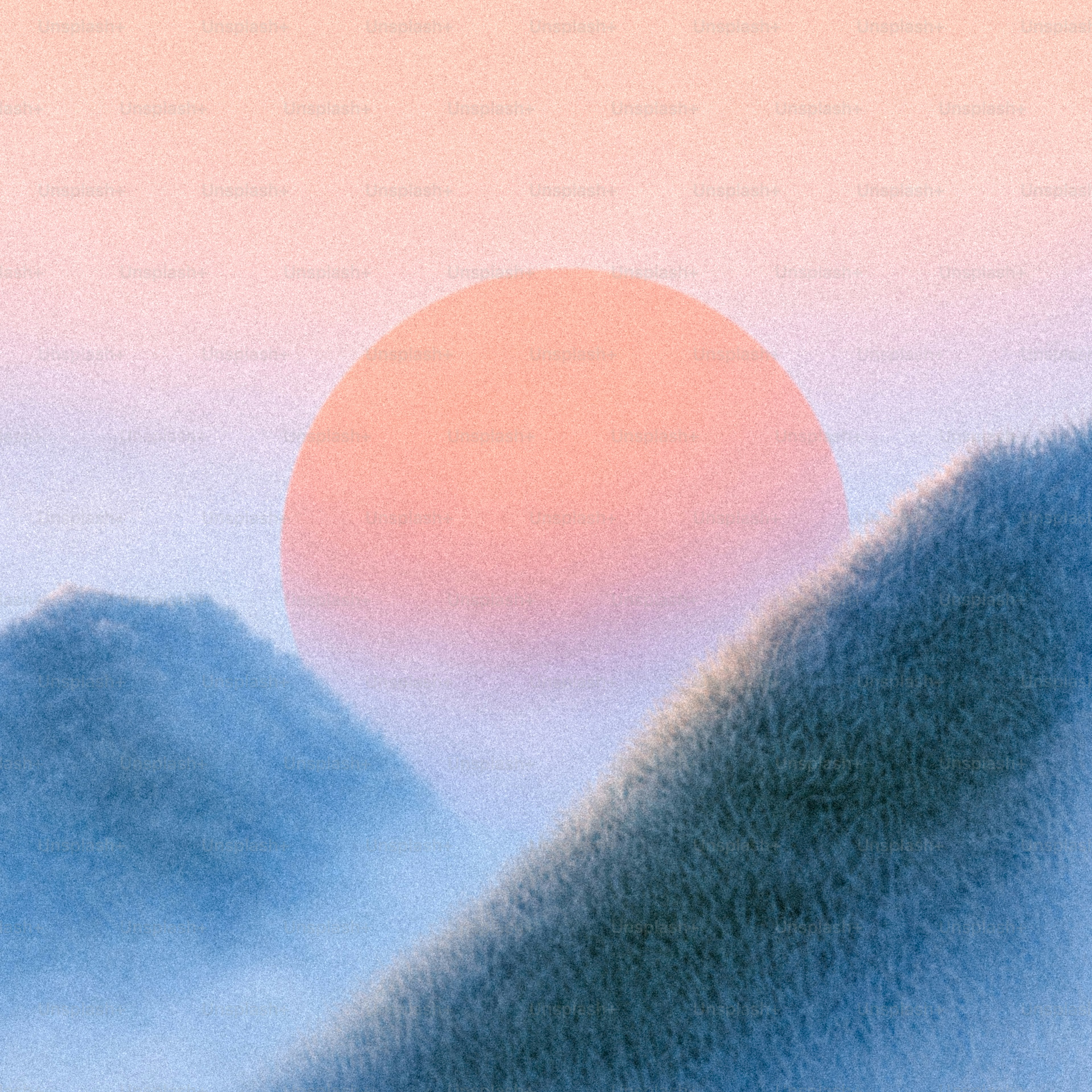 Un grand cercle orange pâle derrière deux silhouettes de montagne à texture bleue